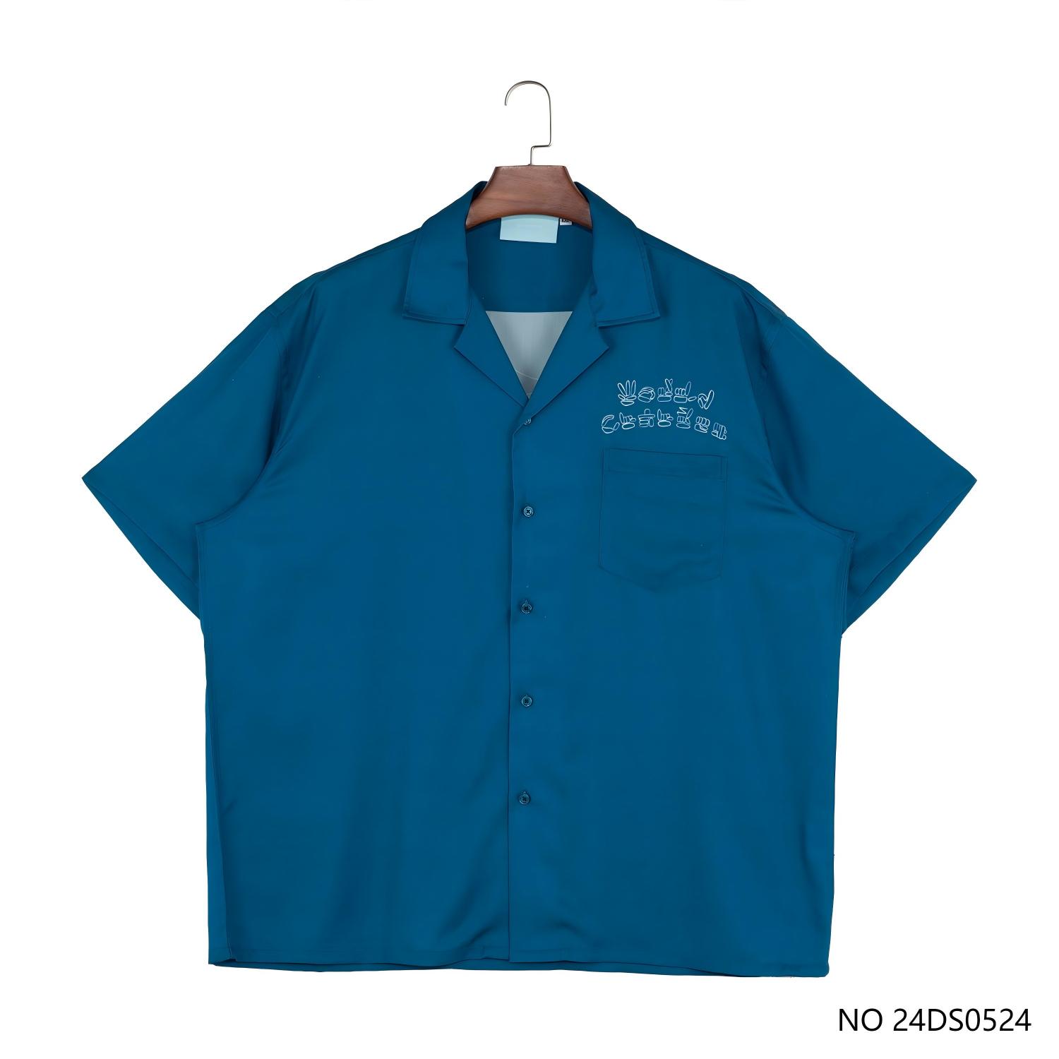 Men's 100% Tencel Embroidered Against The Blue Background Short Sleeve Button Down Shirts