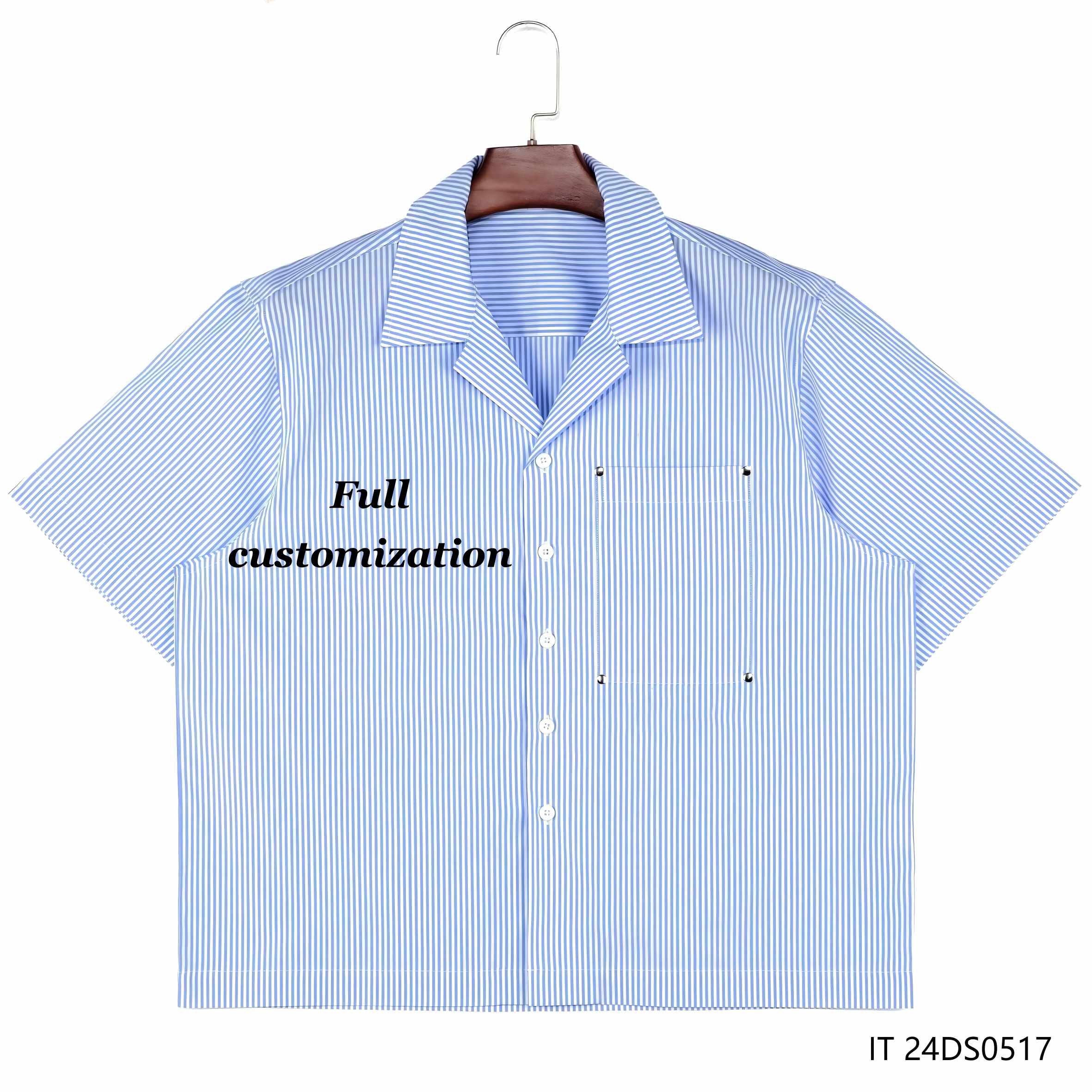 Men's 100% Cotton Embroidered Blue And White Stripes  Short Sleeve Button Down Shirts