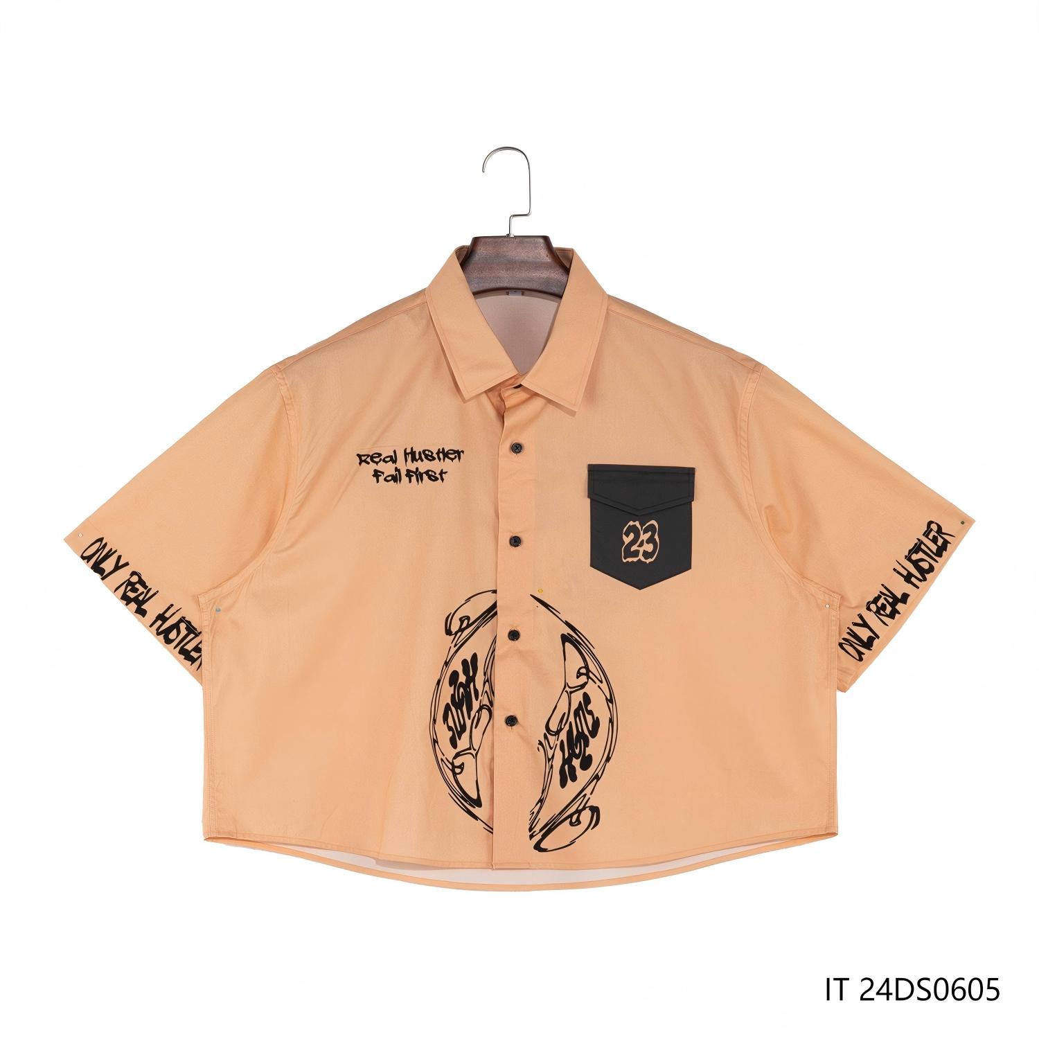 Men's 100% Cotton Printing Against The Orange Background Short Sleeve Button Down Shirts