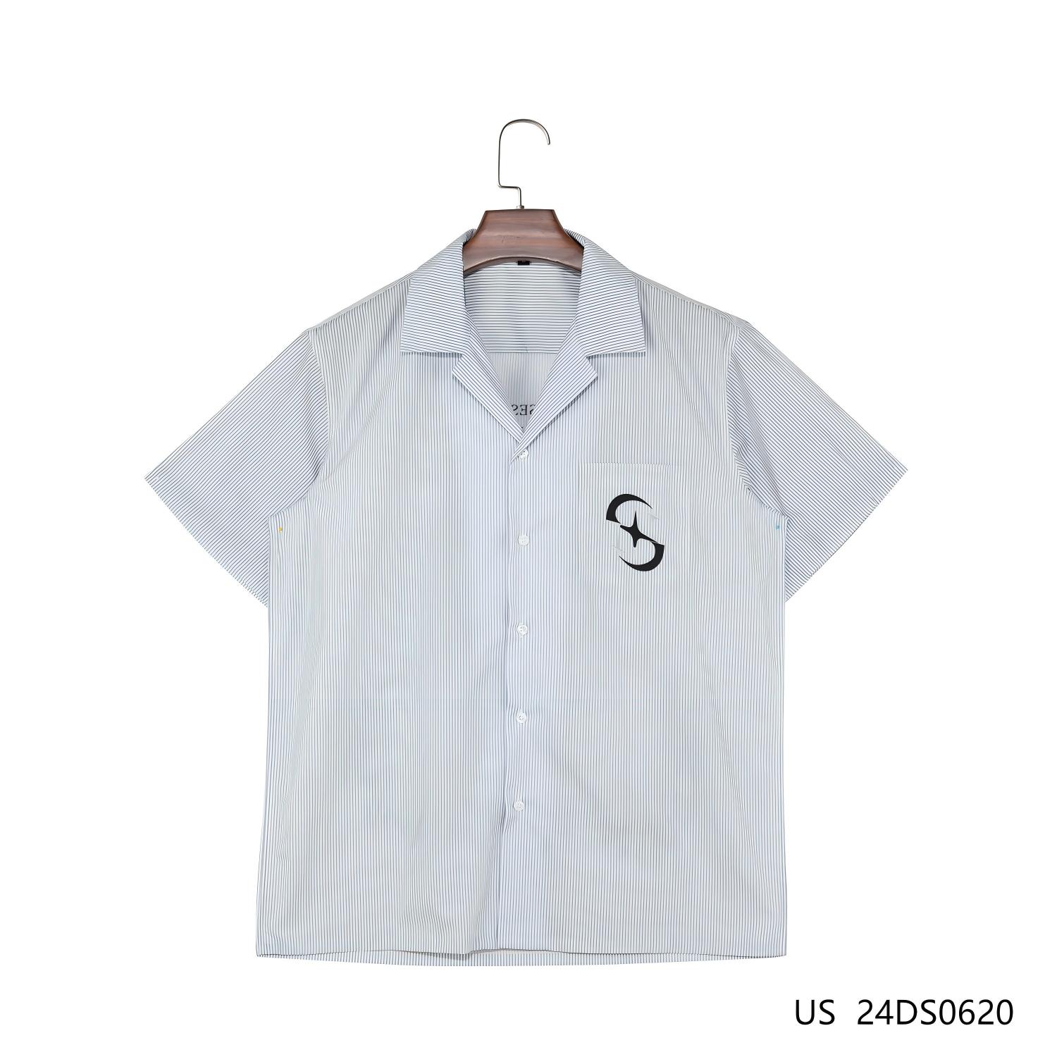 Customized Blue and White Stripes Cuban Collar  Button Down Short Sleeve Shirts for Men 