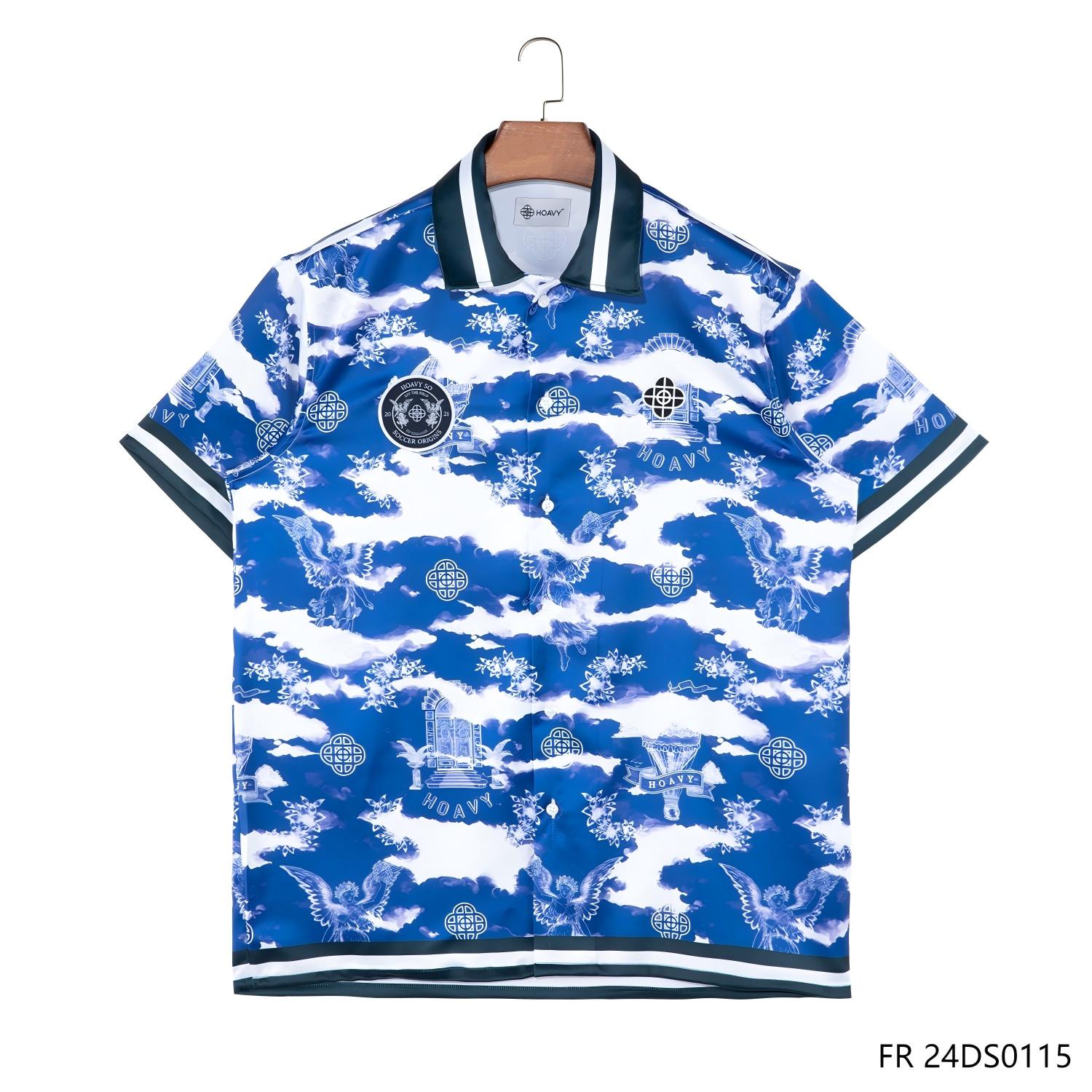 Men's  97% Polyester 3% Spandex Blue And White Contrast  Short Sleeve Button Down Shirts
