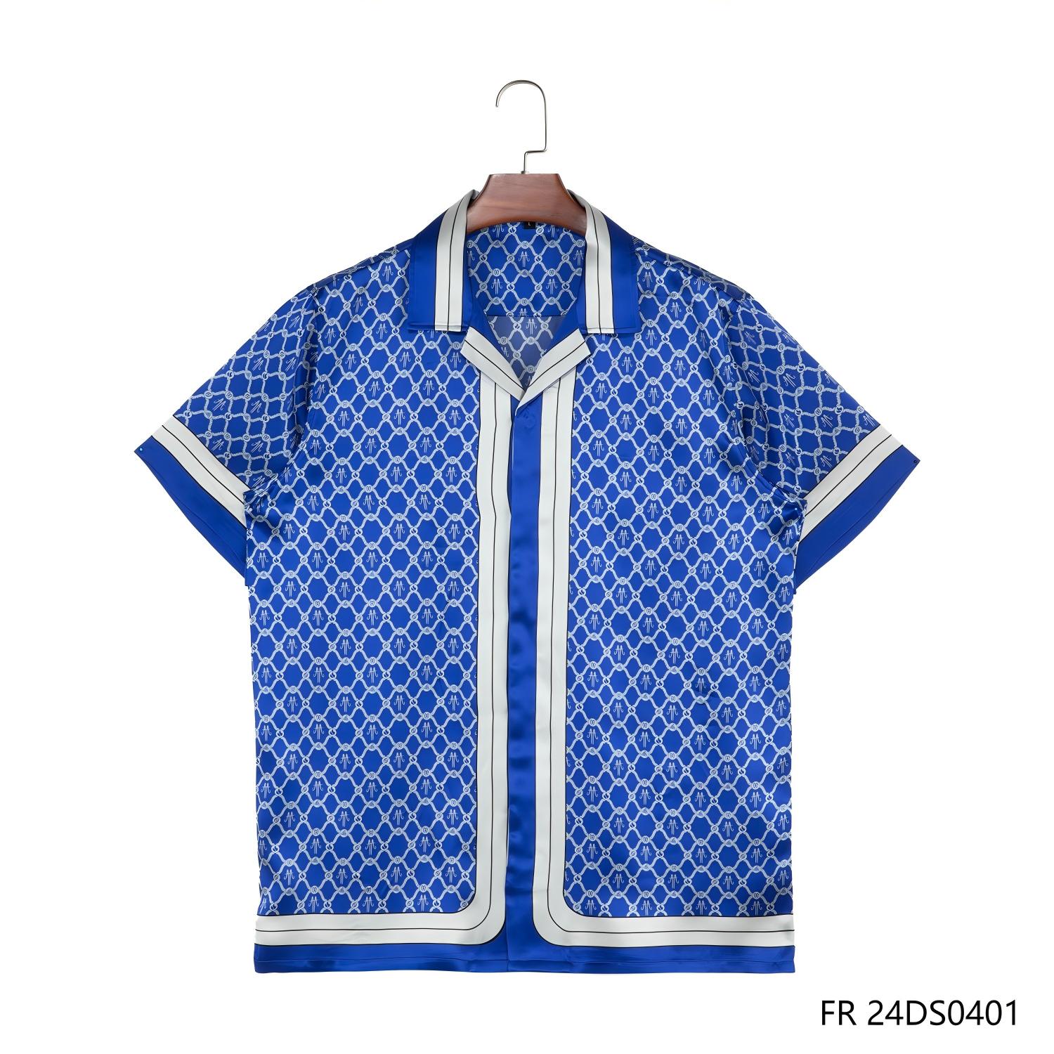 Men's 100% Silk Blue And White Contrast  Short Sleeve Button Down Shirts