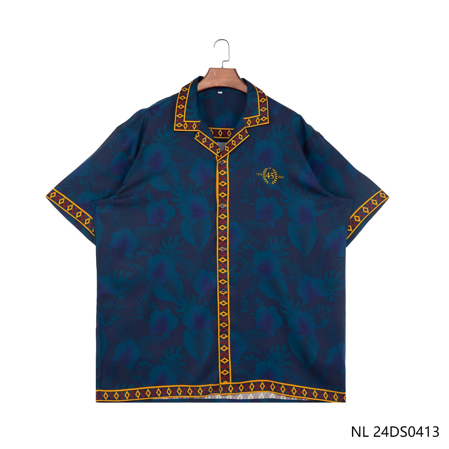Men's 100% Tencel Printing Blue And Yellow Contrast Short Sleeve Button Down Shirts