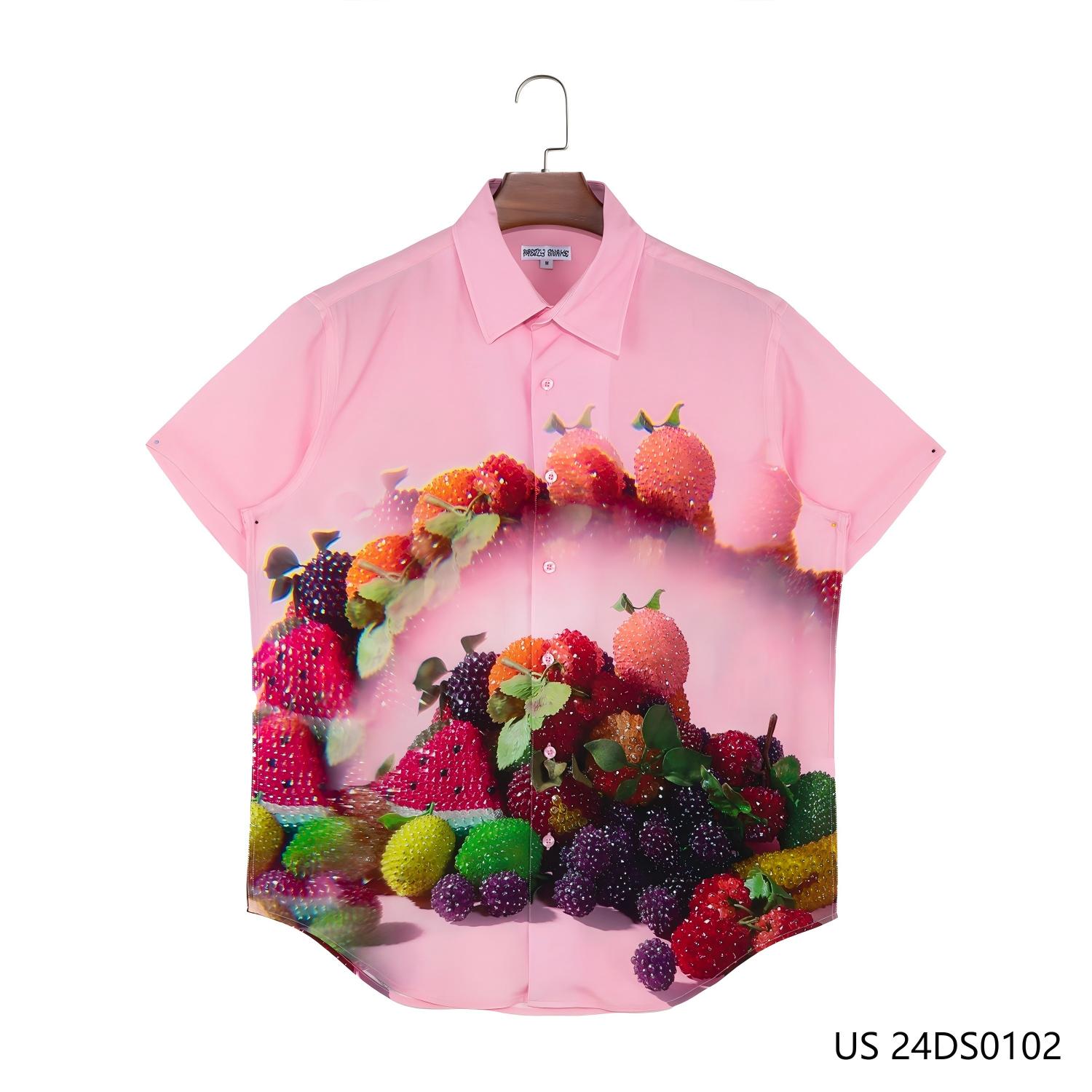 Men's 100% Rayon Some Fruits Against The Pink Short Sleeve Button Down Shirts