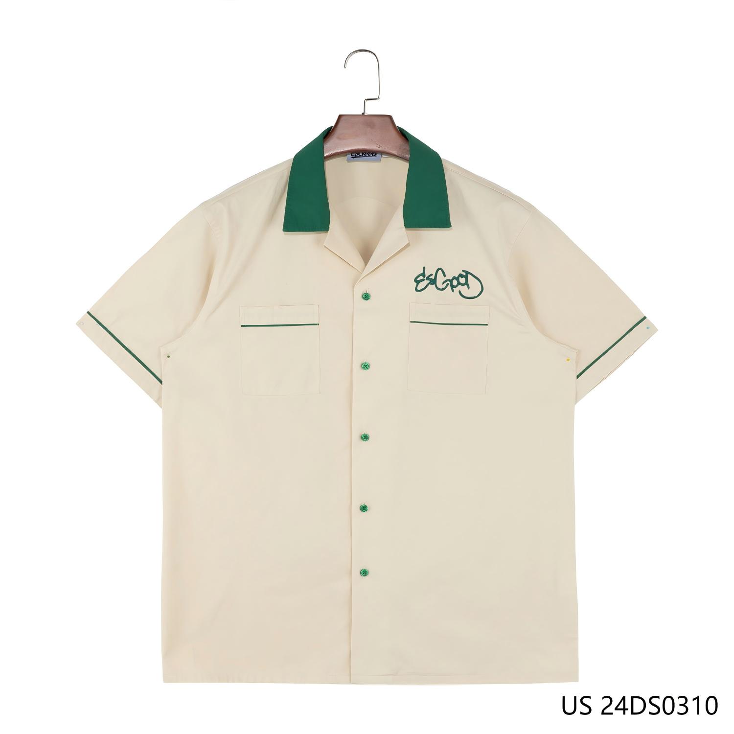Men's 100% Cotton Embroidered Green And Beige Contrast  Short Sleeve Button Down Shirts With A Printing On The Back