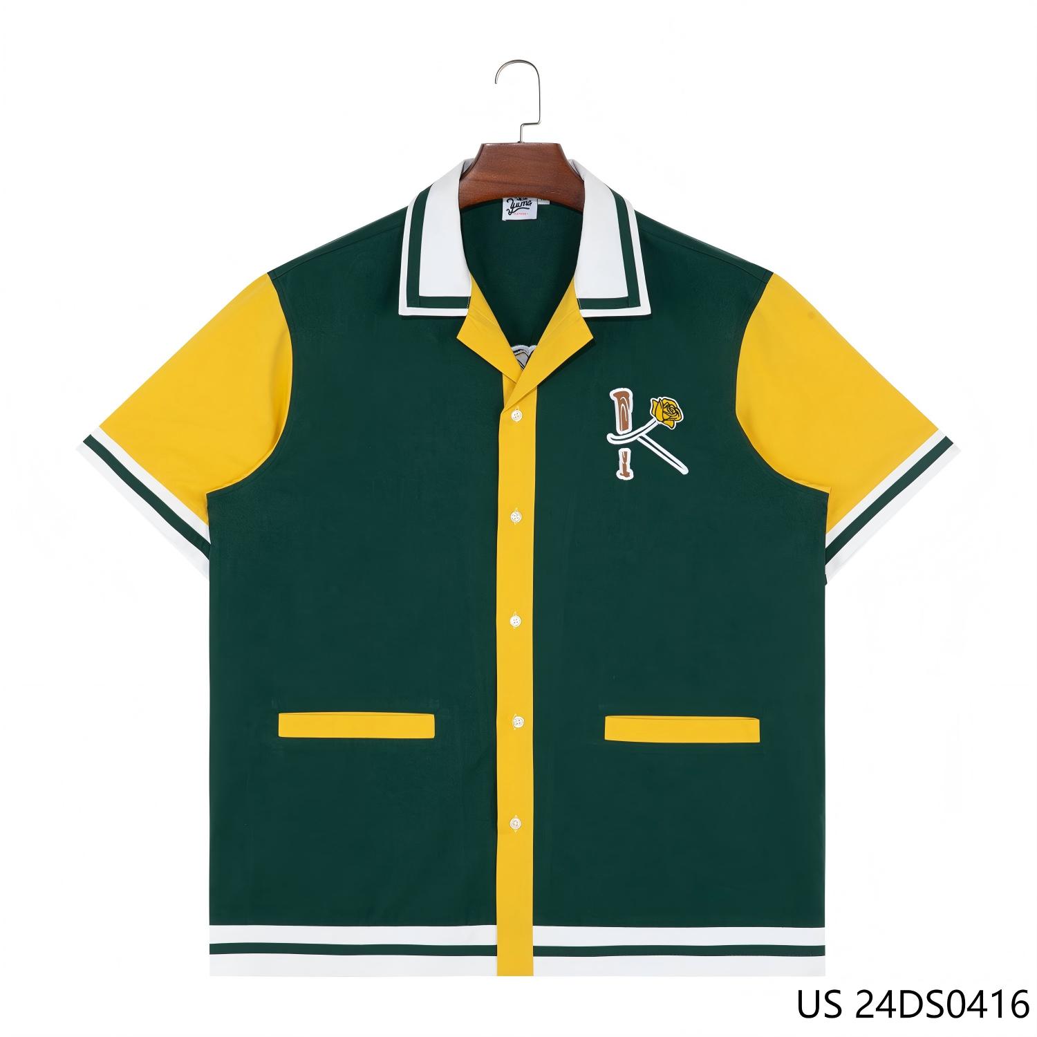 Men's 100% Cotton Green  Yellow And White Contrast Embroidered On The Double Sides Short Sleeve Button Down Shirts