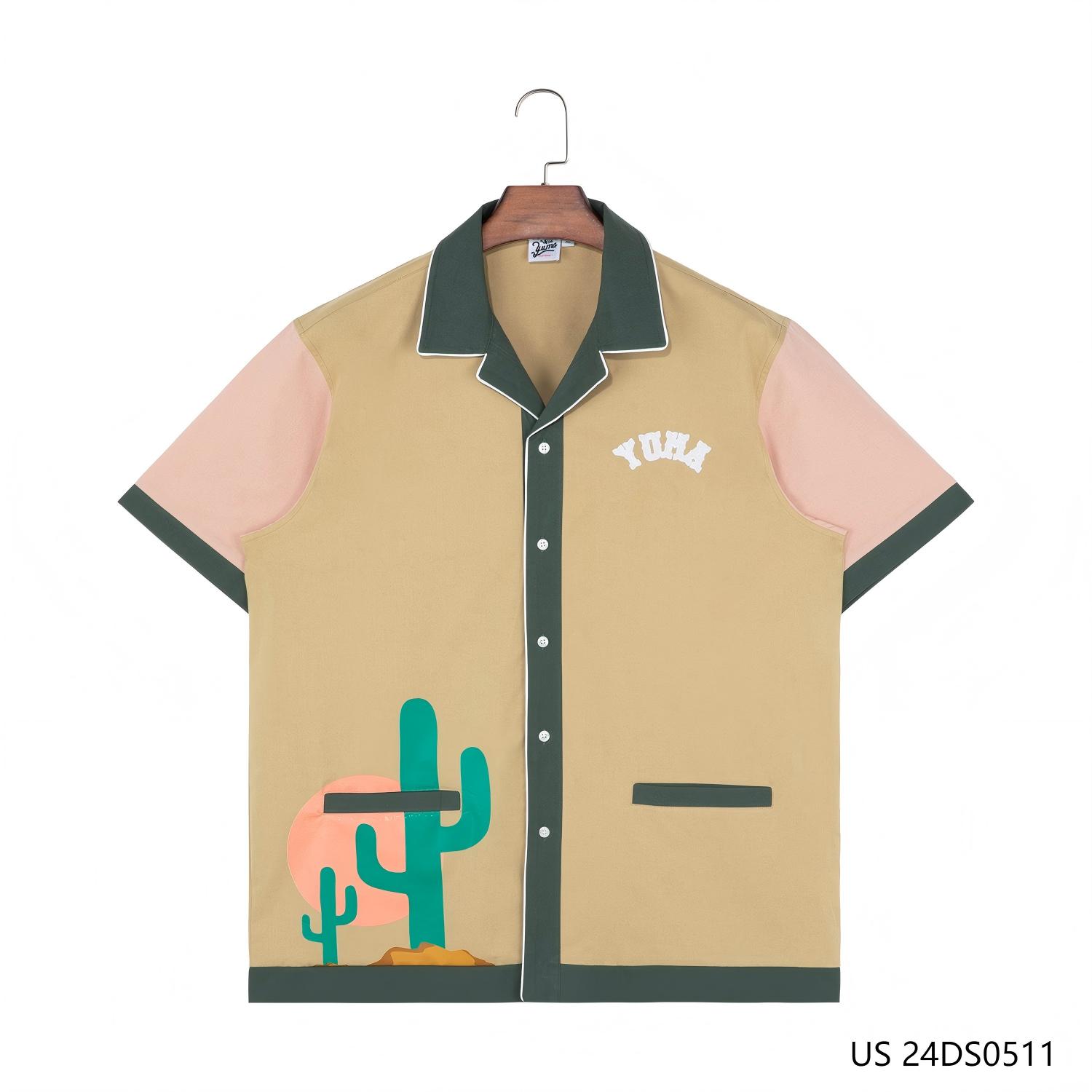 Men's 100% Cotton Printing Pink Green And Khaki Contrast  Short Sleeve Button Down Shirts
