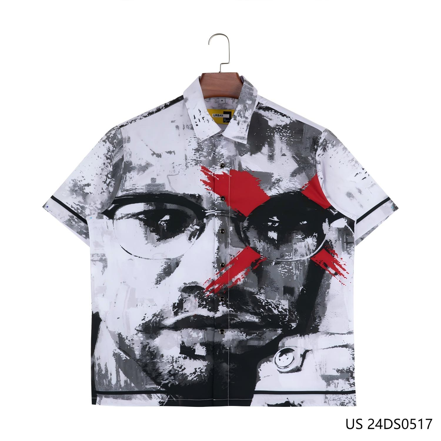 Men's 100% Polyester Short Sleeve Button Down Shirts With Portraits Of The Characters Printed On The Front