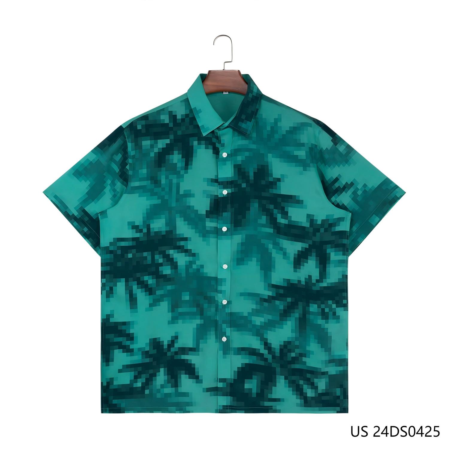 Men's 100% Rayon  Mosaic Style Leaves Printed Against The Green Background Short Sleeve Button Down Shirts
