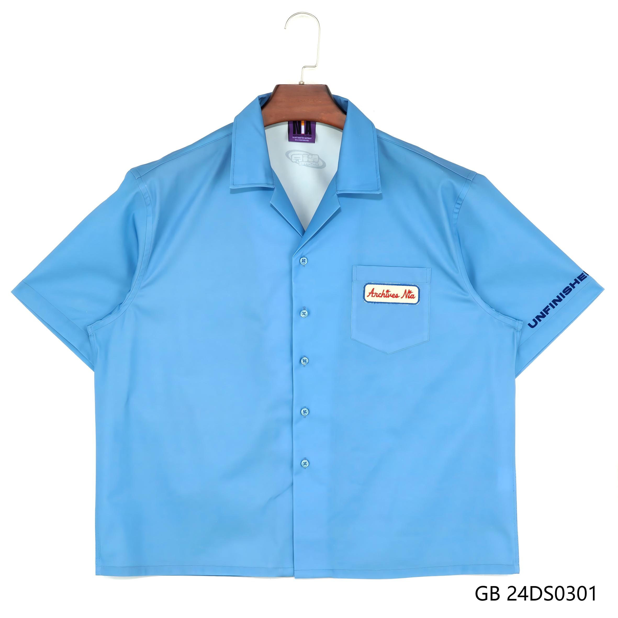 Men's 100% Cotton Blue Plain Embroidered  And Printing On The Back Short Sleeve Button Down Shirts