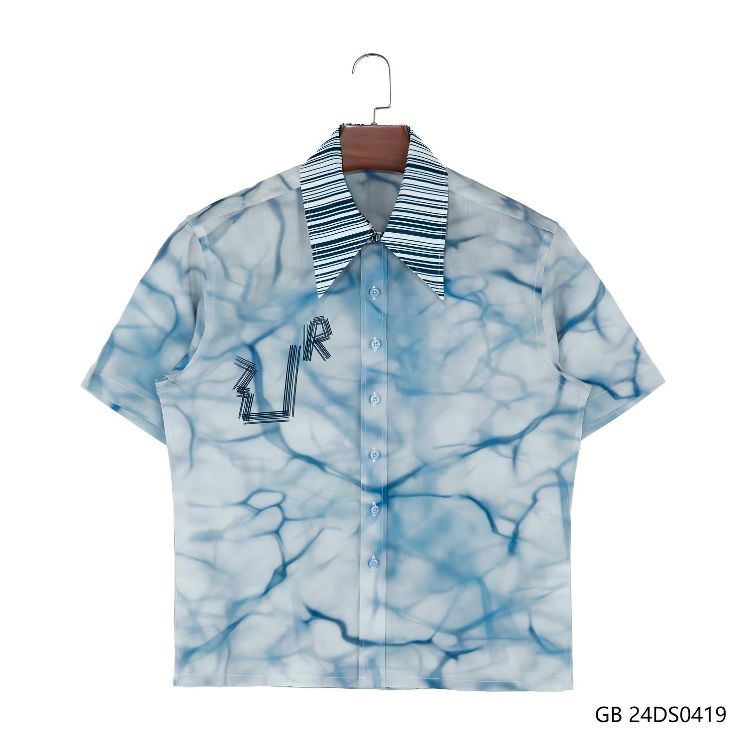 Men's 50% Linen 50%Cotton Blue And White Contrast Printing Short Sleeve Button Down Shirts With A Striped Collar