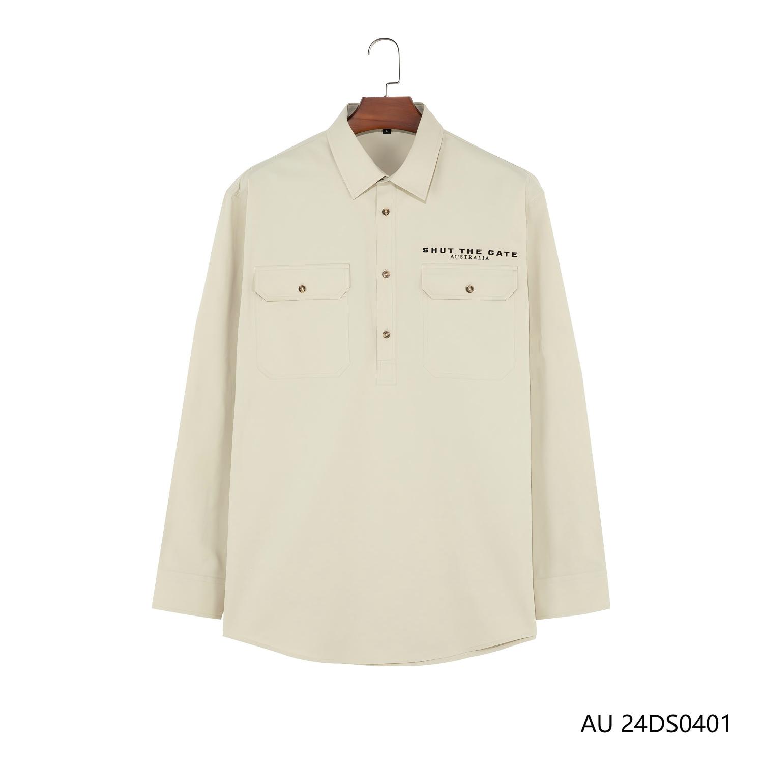 Men's 100% Cotton Beige Plain Half-cut Placket Pullover Long Sleeve Shirts With a Printing on the Front and Back