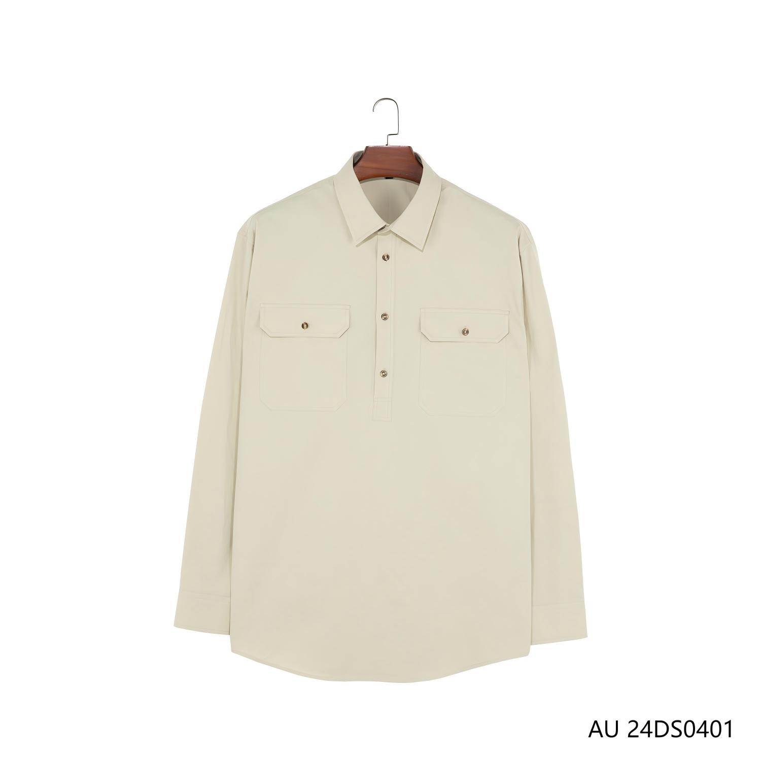 Men's 100% Cotton Beige Plain Half-cut Placket Pullover  Long Sleeve Shirts