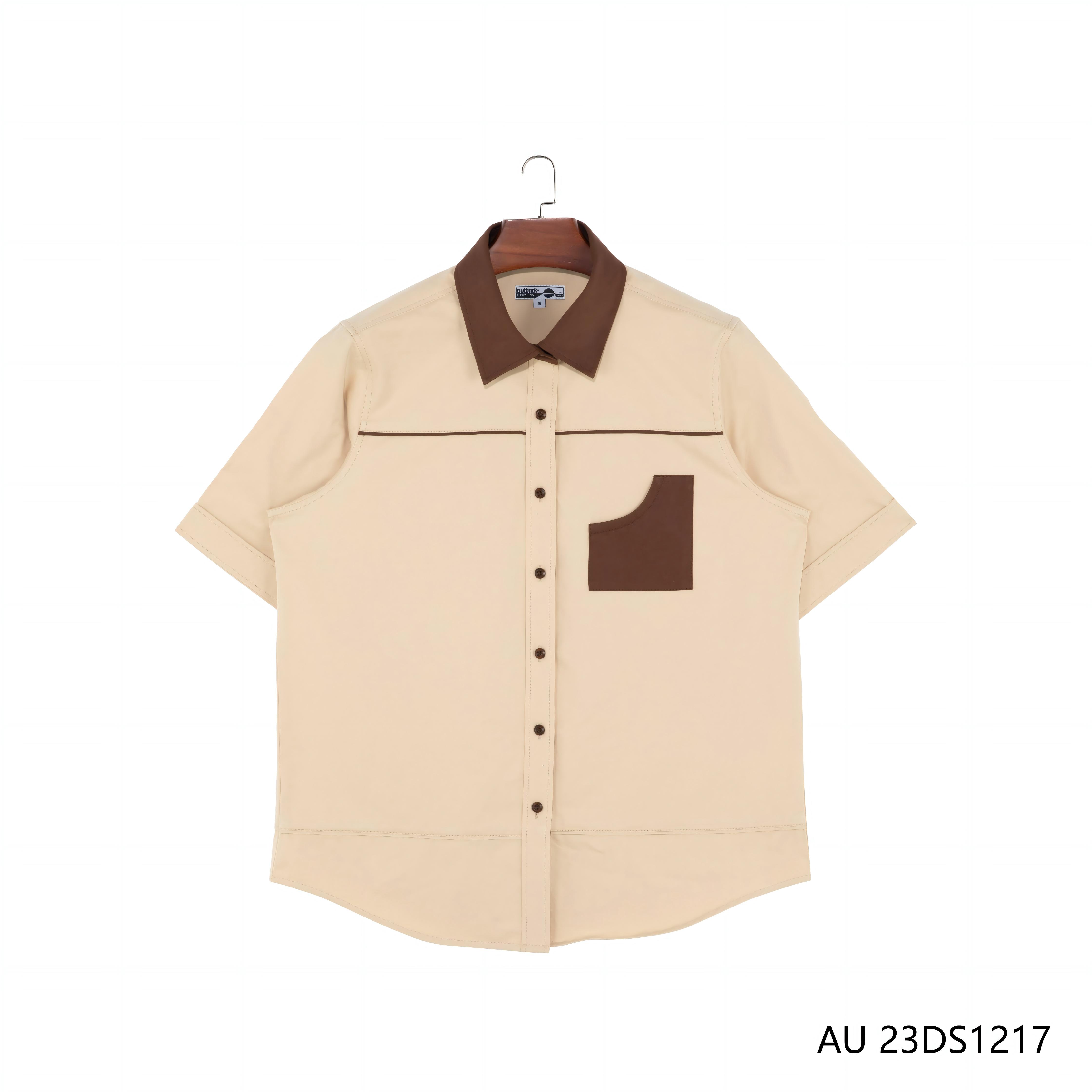 Women's 100% Cotton Beige And Coffee Contrast Short Sleeve Button Down Shirts