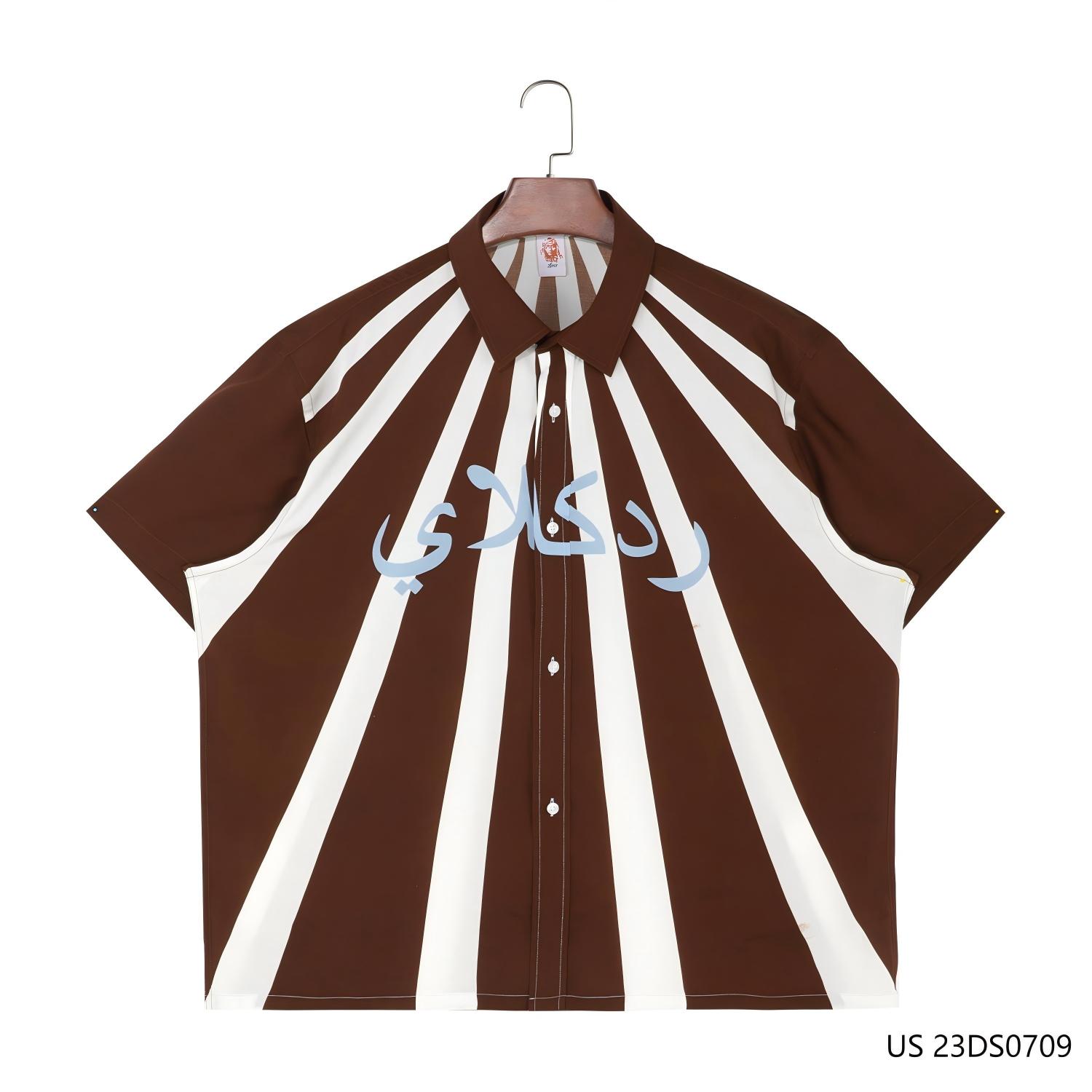 Men's 100% Rayon  White Stripes From The Collar To The Bottom  And Coffee Contrast Short Sleeve Button Down Shirts With A light Blue Printing On The Front