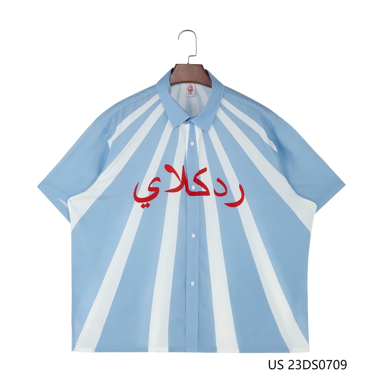 Men's 100% Rayon White Stripes From The Collar To The Bottom And Light Blue Contrast Short Sleeve Button Down Shirts With A Red Printing On The Front