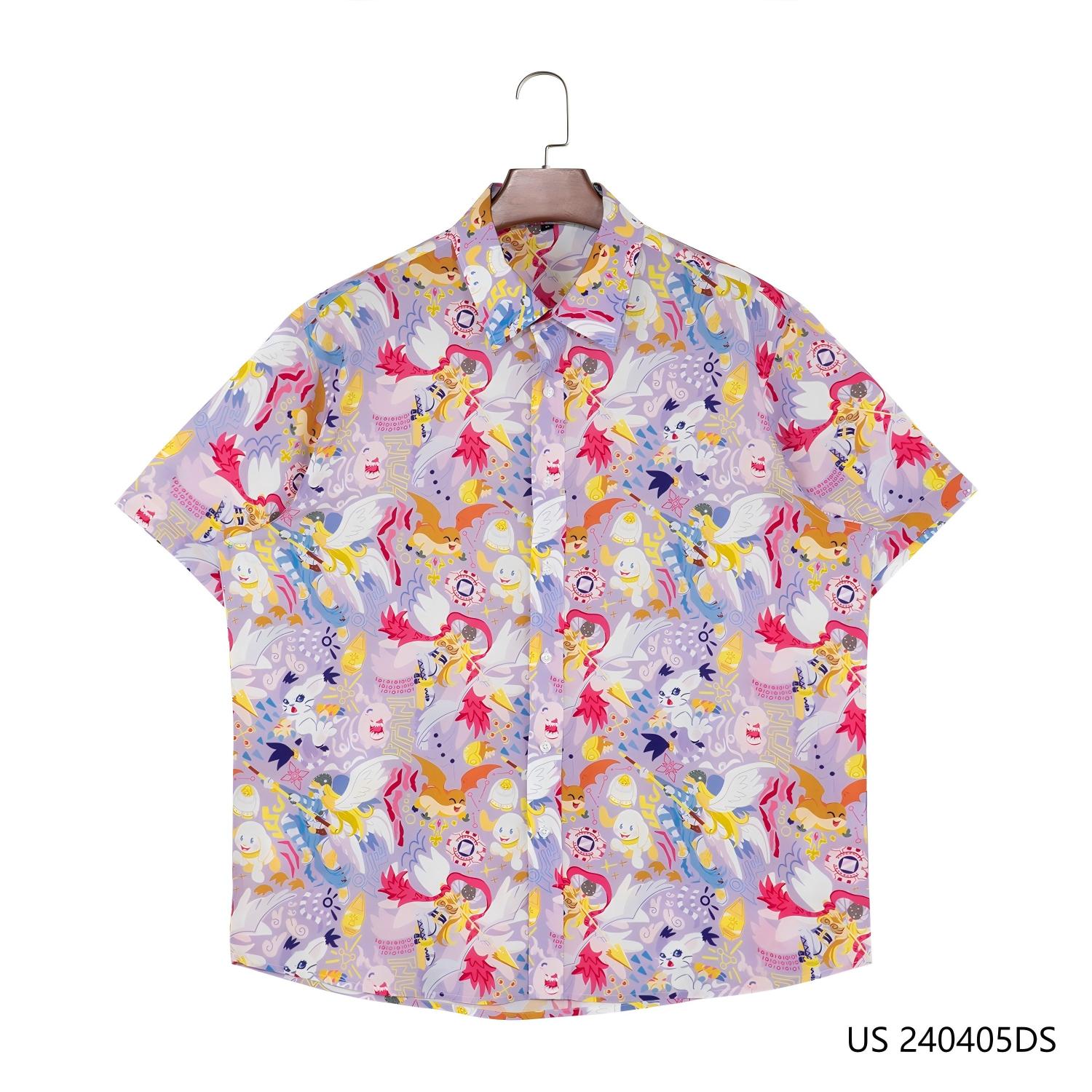 Men's 100% Rayon Many Cartoon Images Printing On The Purple Background Short Sleeve Button Down Shirts