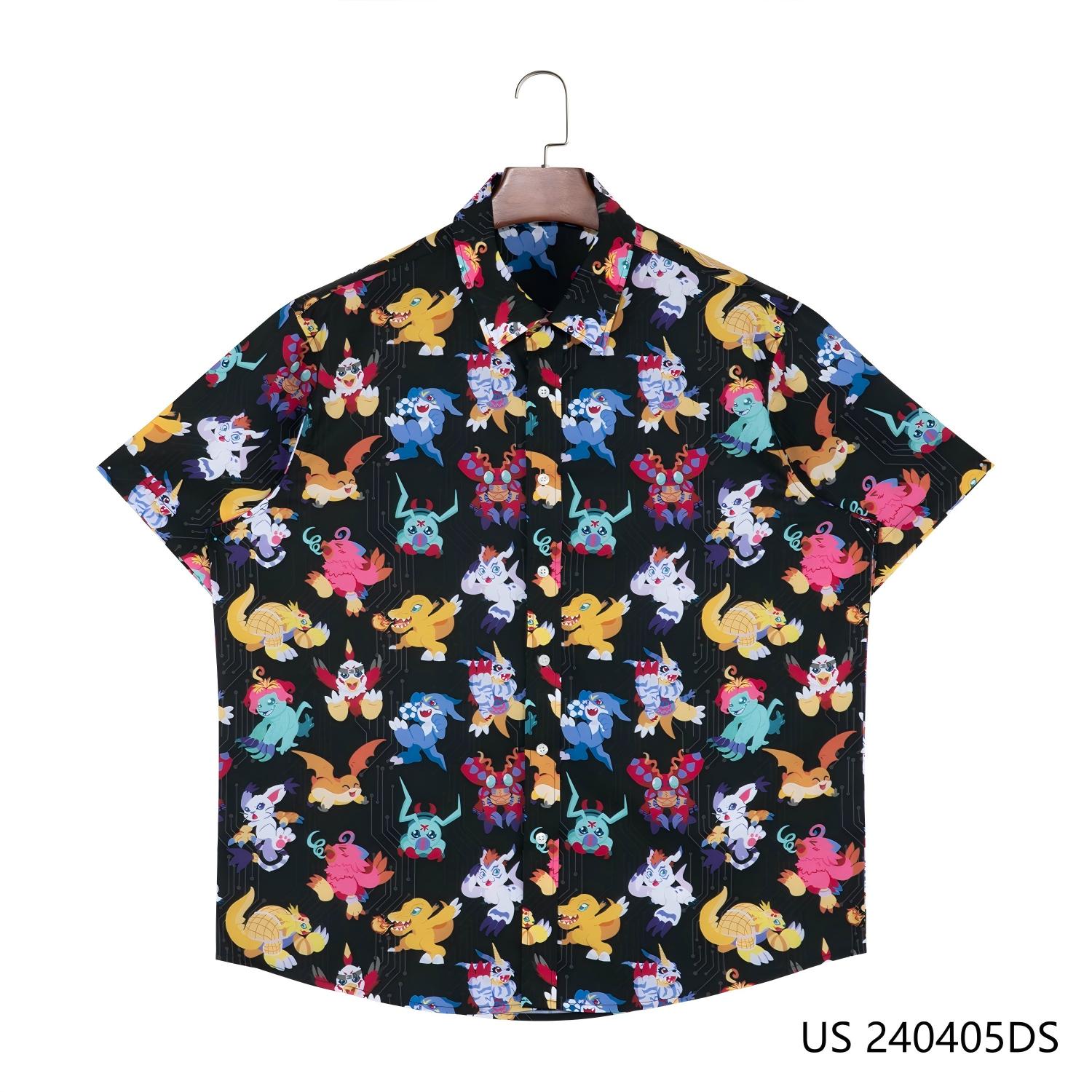 Men's 100% Polyester Many Cartoon Images Printing On The Black Background Short Sleeve Button Down Shirts