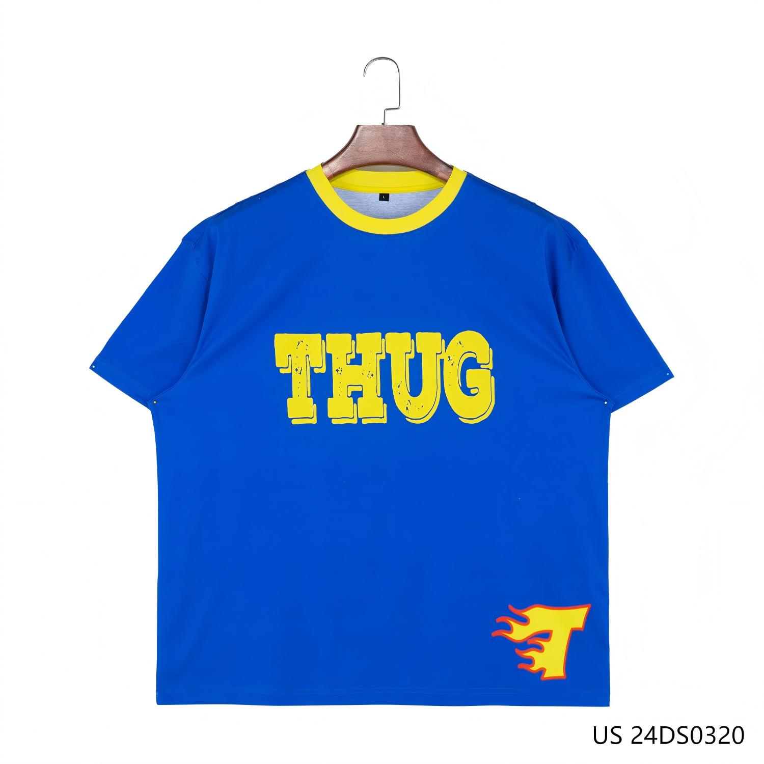Men's 100% Cotton Blue And Yellow Contrast Short Sleeve Round Collar Shirts With Double Sides Printing 