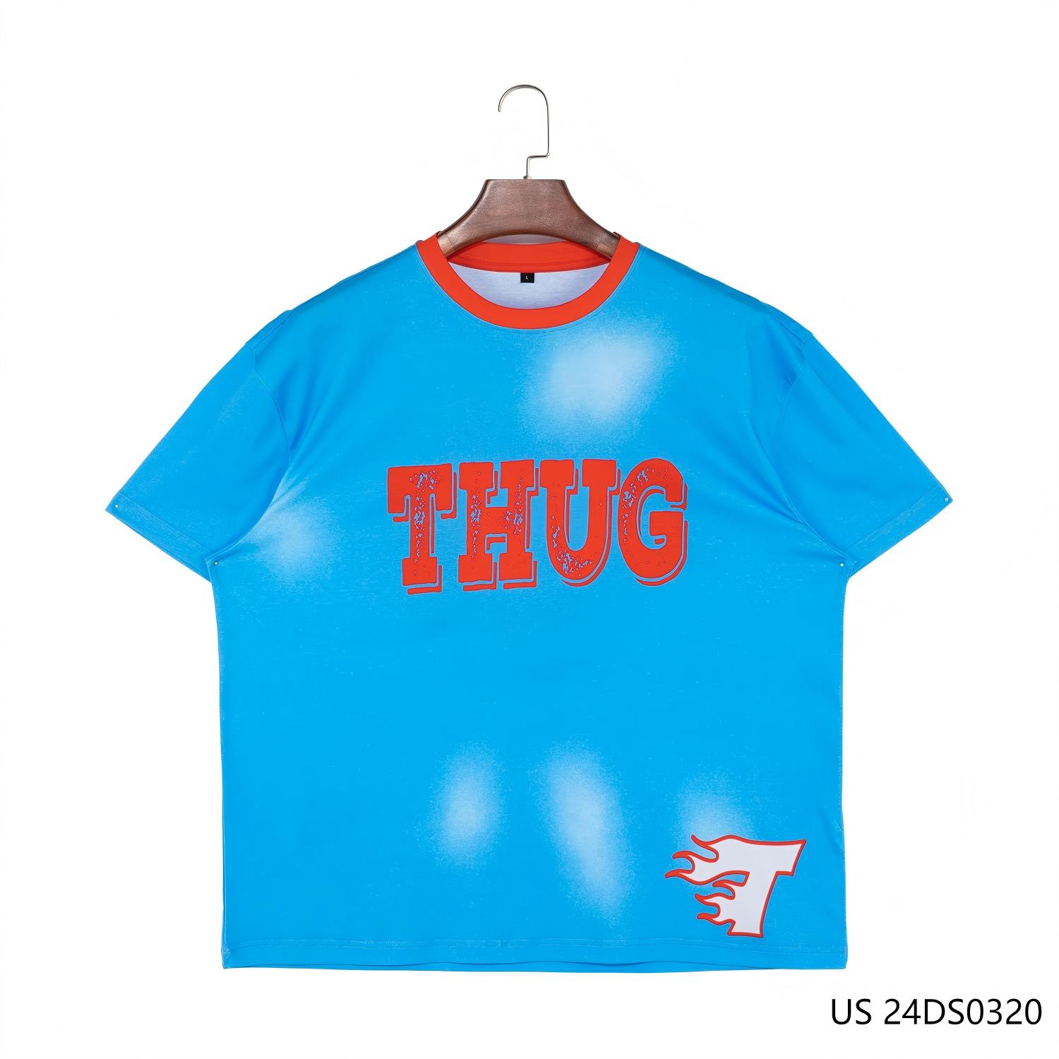 Men's 100% Cotton Light Blue And Red Contrast Short Sleeve Round Collar Shirts With Double Sides Printing