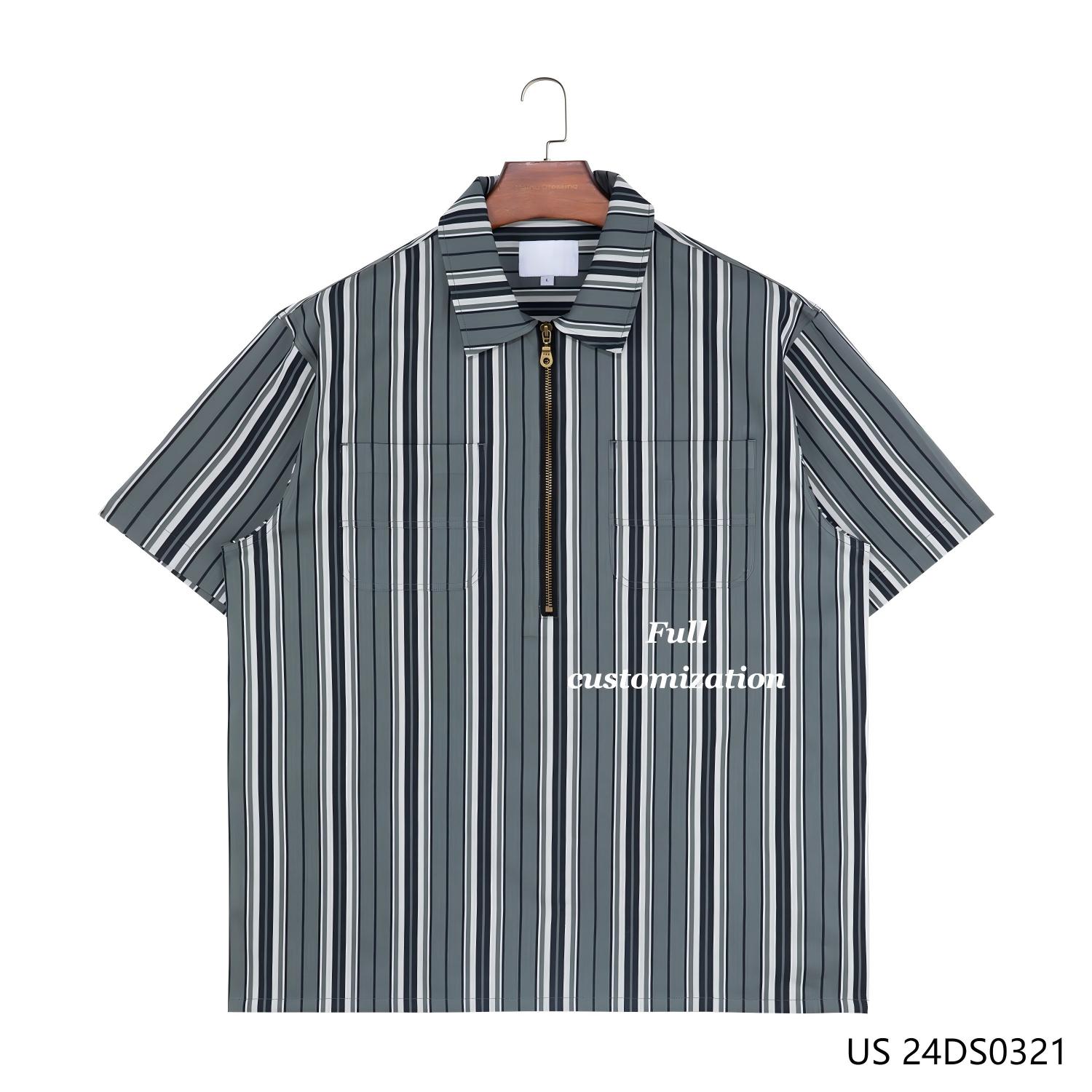 Men's 100% Cotton Gray Black And White Stripes Contrast Short Sleeve Half-cut Zipper Pullover  Shirts