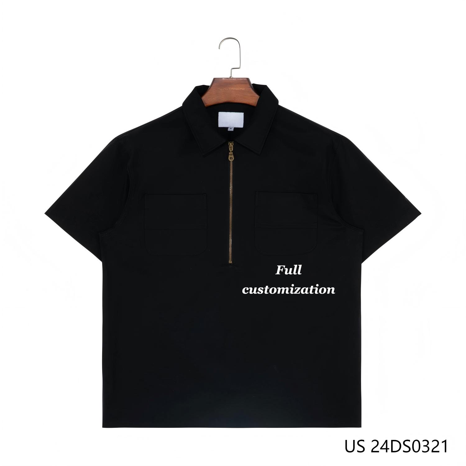 Men's 100% Cotton Black Plain Short Sleeve Half-cut Zipper Pullover Shirts
