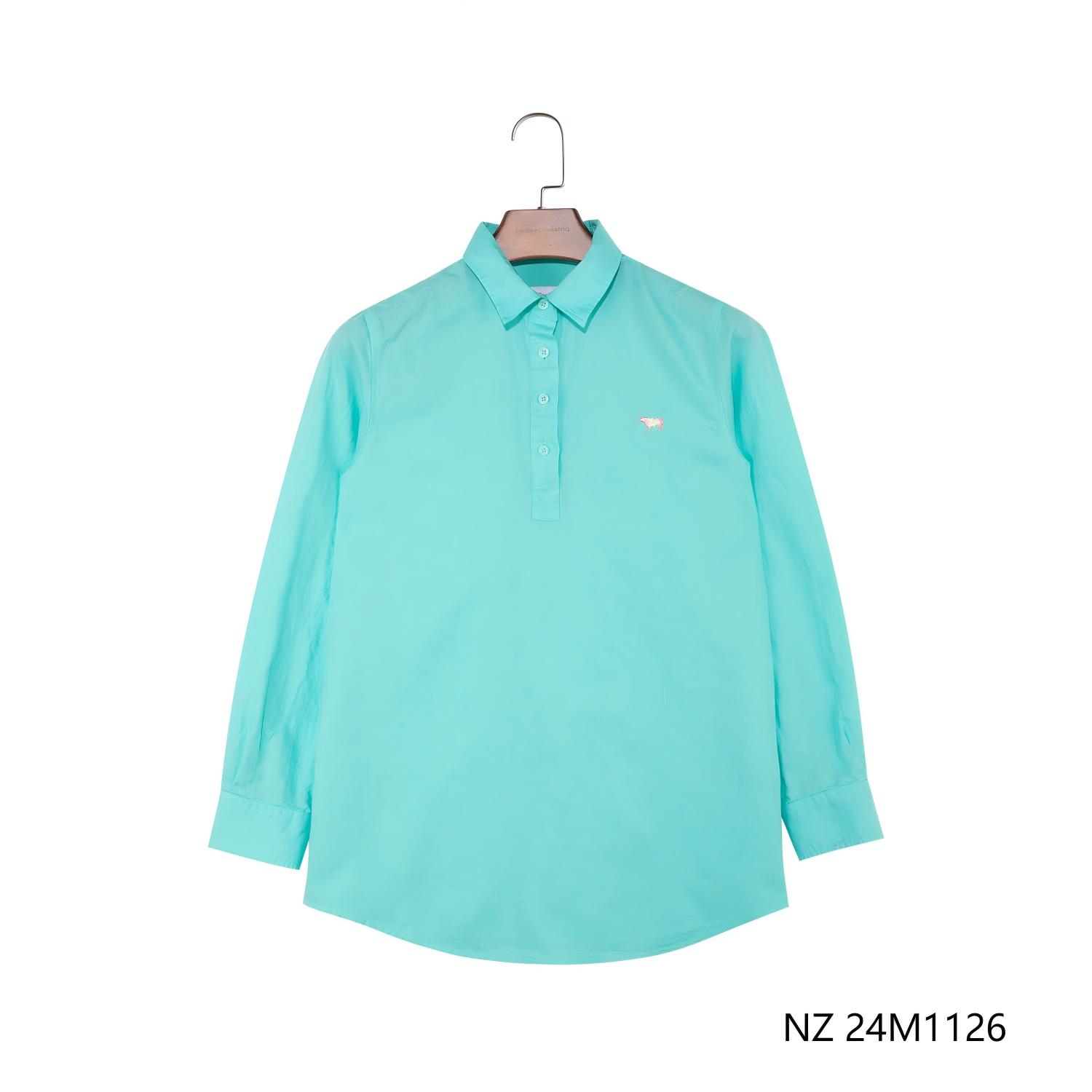 Men's 55% Linen 45% Cotton Mint Green Half-cut Placket Pullover Long Sleeve Shirts