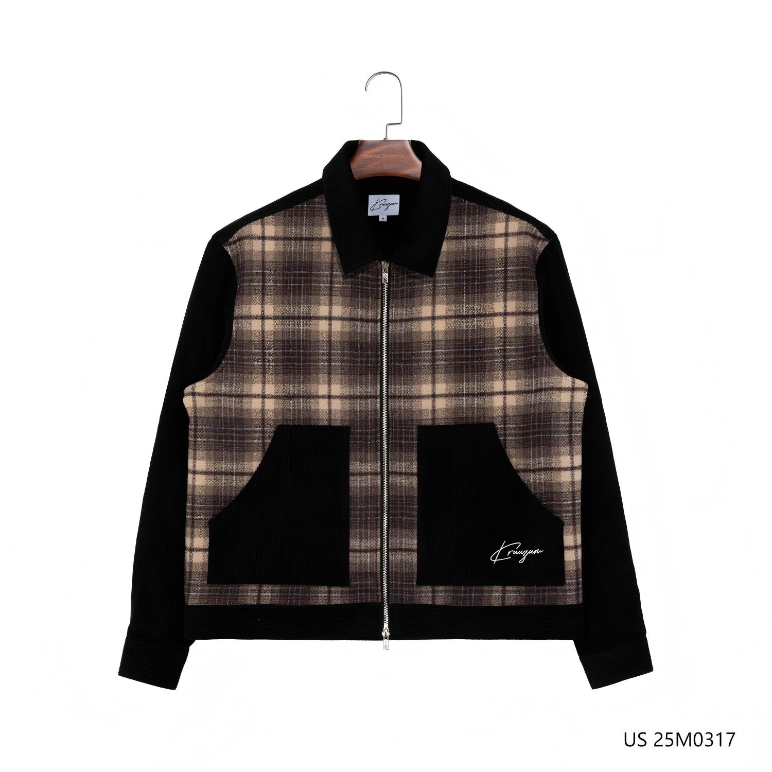 Men's 100% Cotton Plaid Patchwork Length Zippered Long Sleeve Shirts