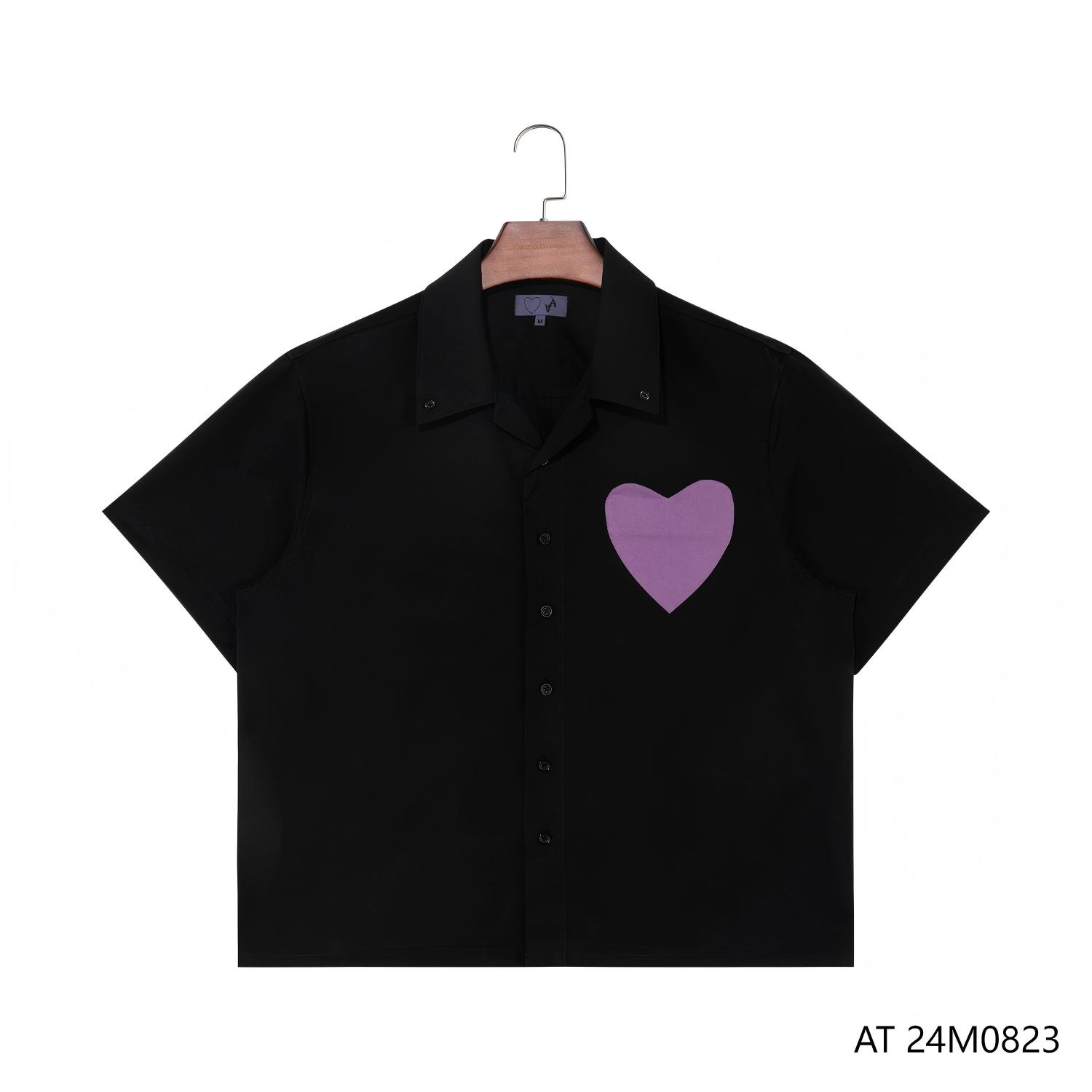 Men's  100% Cotton Black Button-down Collar Short Sleeve Button Down Shirts With A Purple Patchwork 