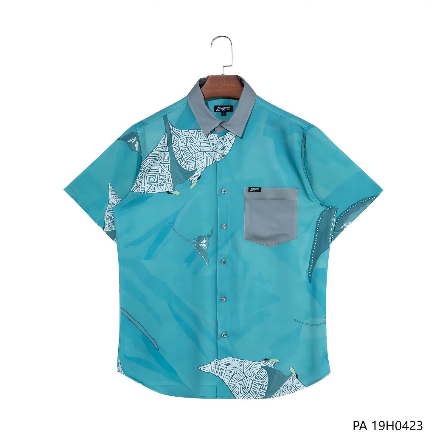 Men's Customizable Blue Printing Short Sleeve Button Down Shirts