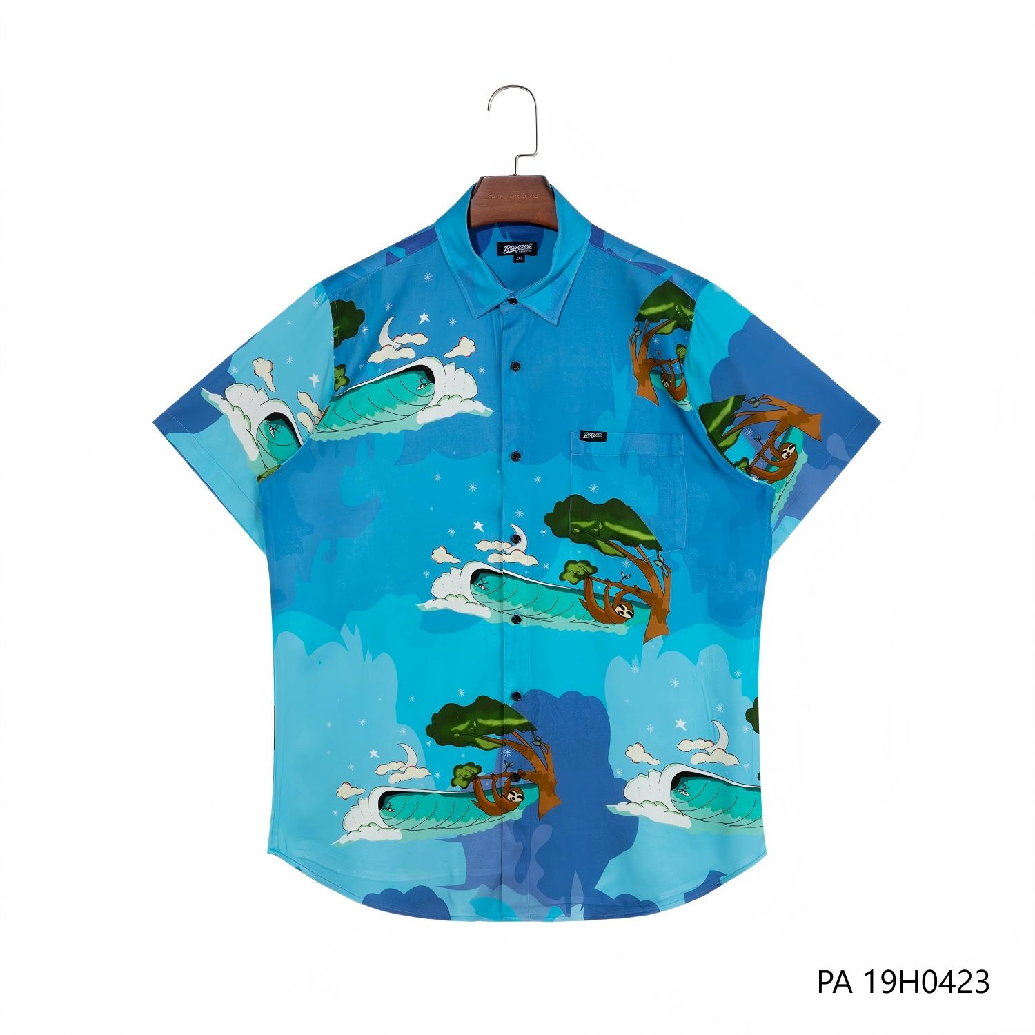 Men's Customizable Blue Printing Short Sleeve Button Down Shirts