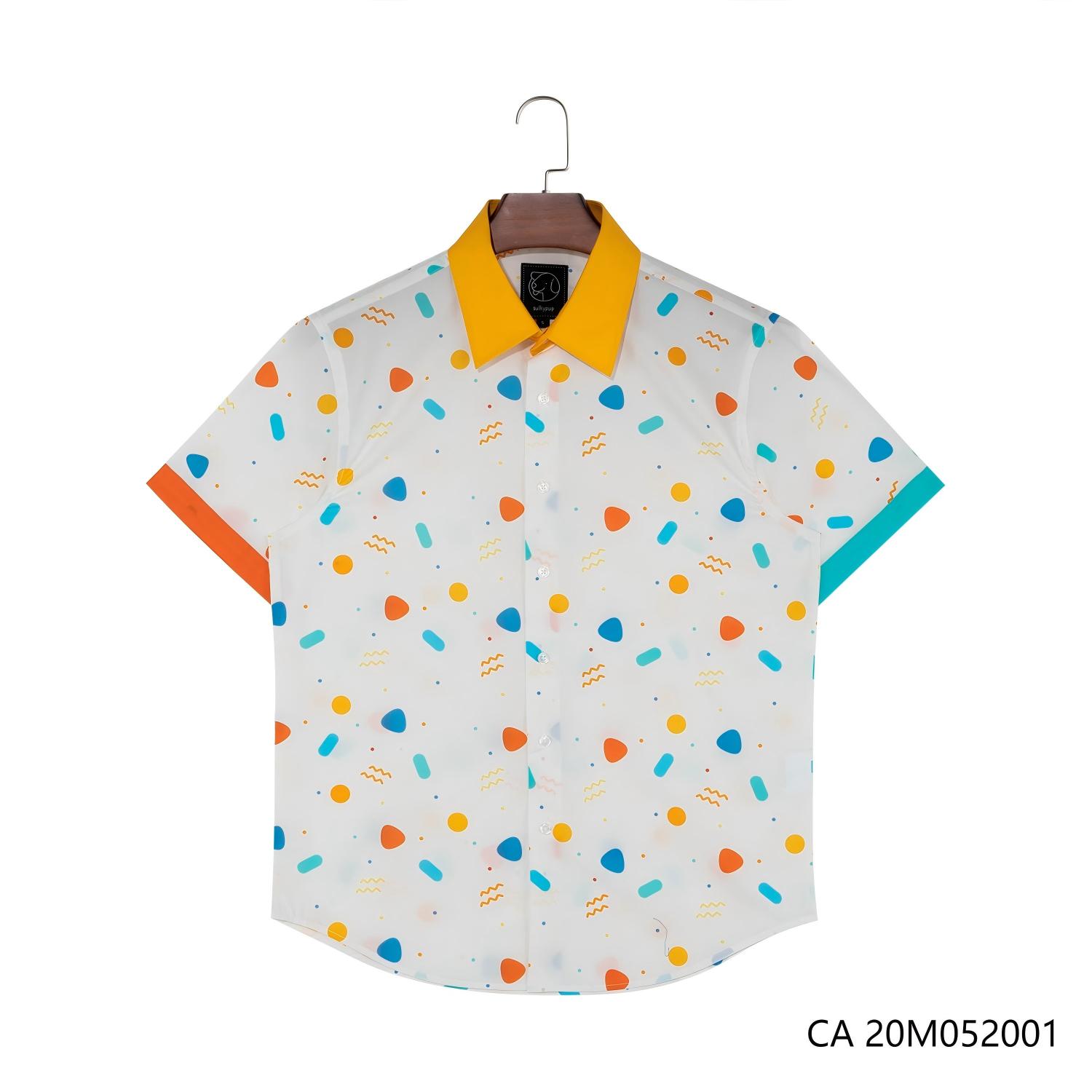 Men's 100% Cotton Contrast Color Short Sleeve Button Down Shirts With Mutiple Geometric Figures