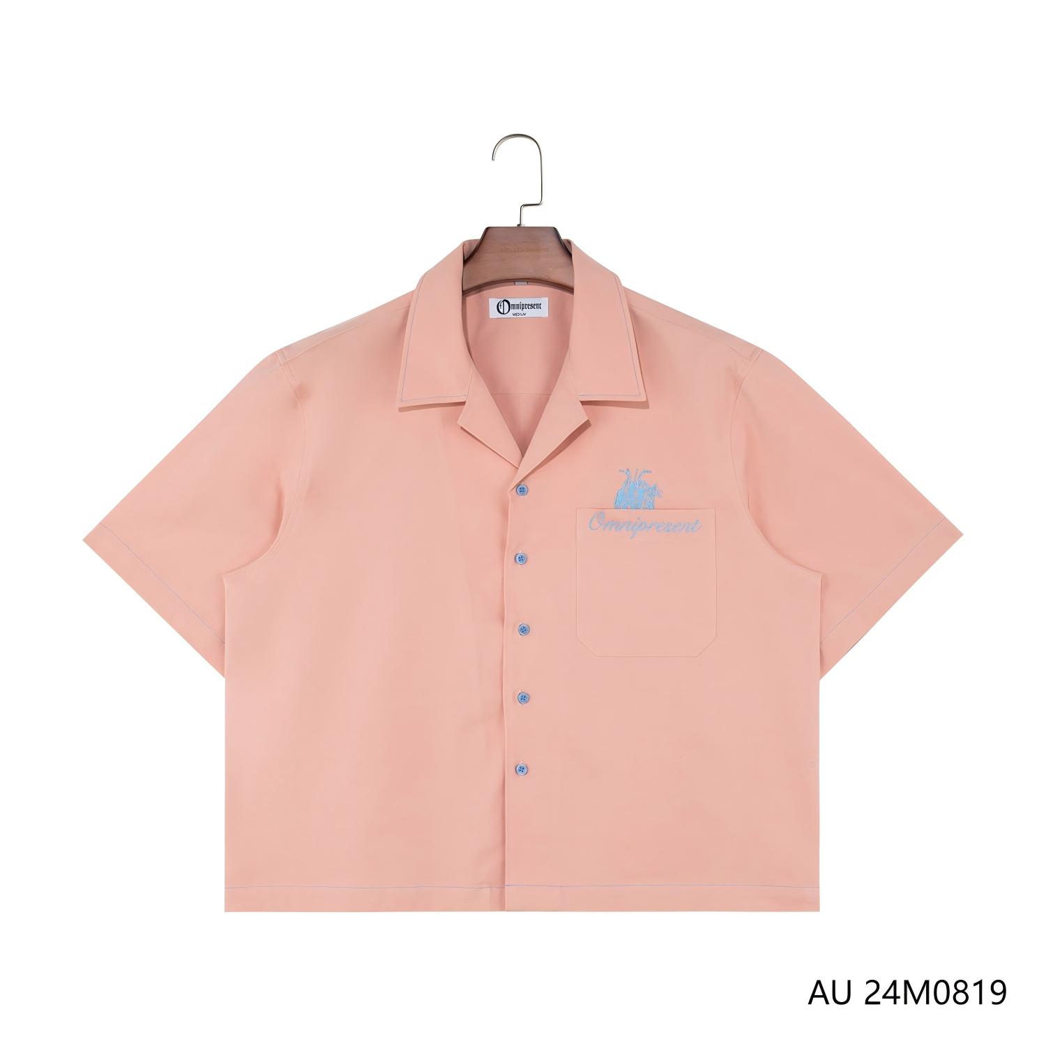 Men's 100% Cotton Embroidered Cuba Collar  Short Sleeve Button Down Shirts With Blue Buttons