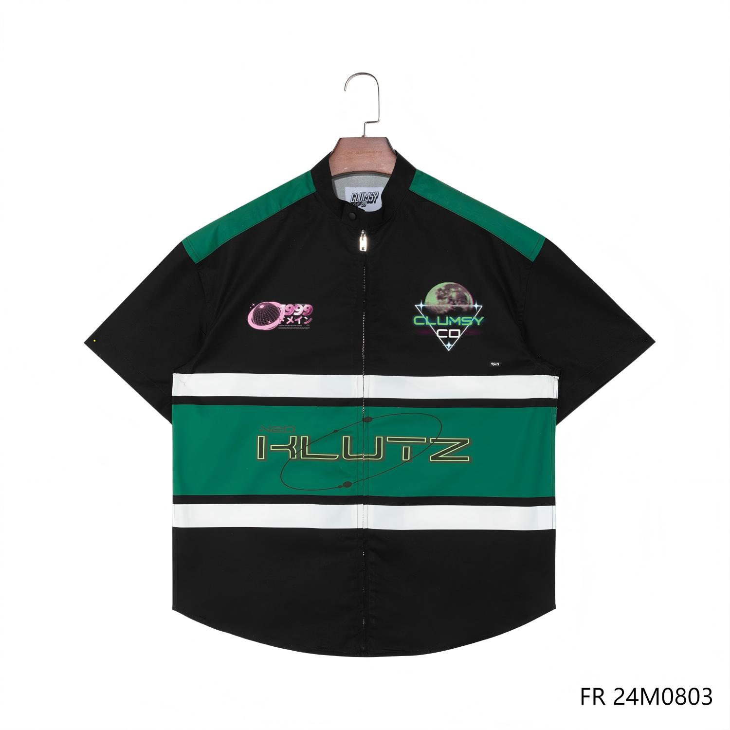 Men's 100% Cotton Black Green And White Printed Short Sleeve Zippered  Shirts