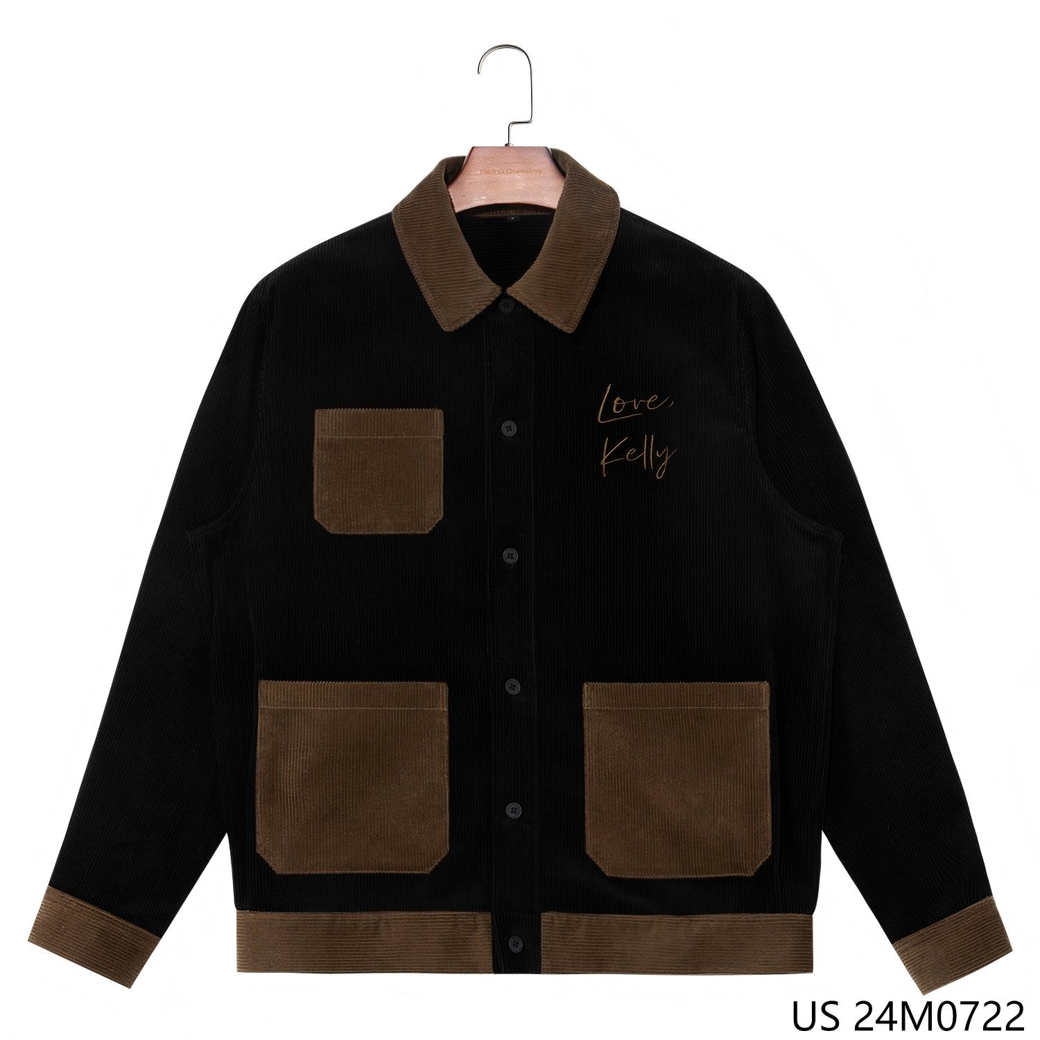 Men's 100% Cotton Black And Khaki Contrast Color Embroidered Button Down Patchwork Long Sleeve Shirts