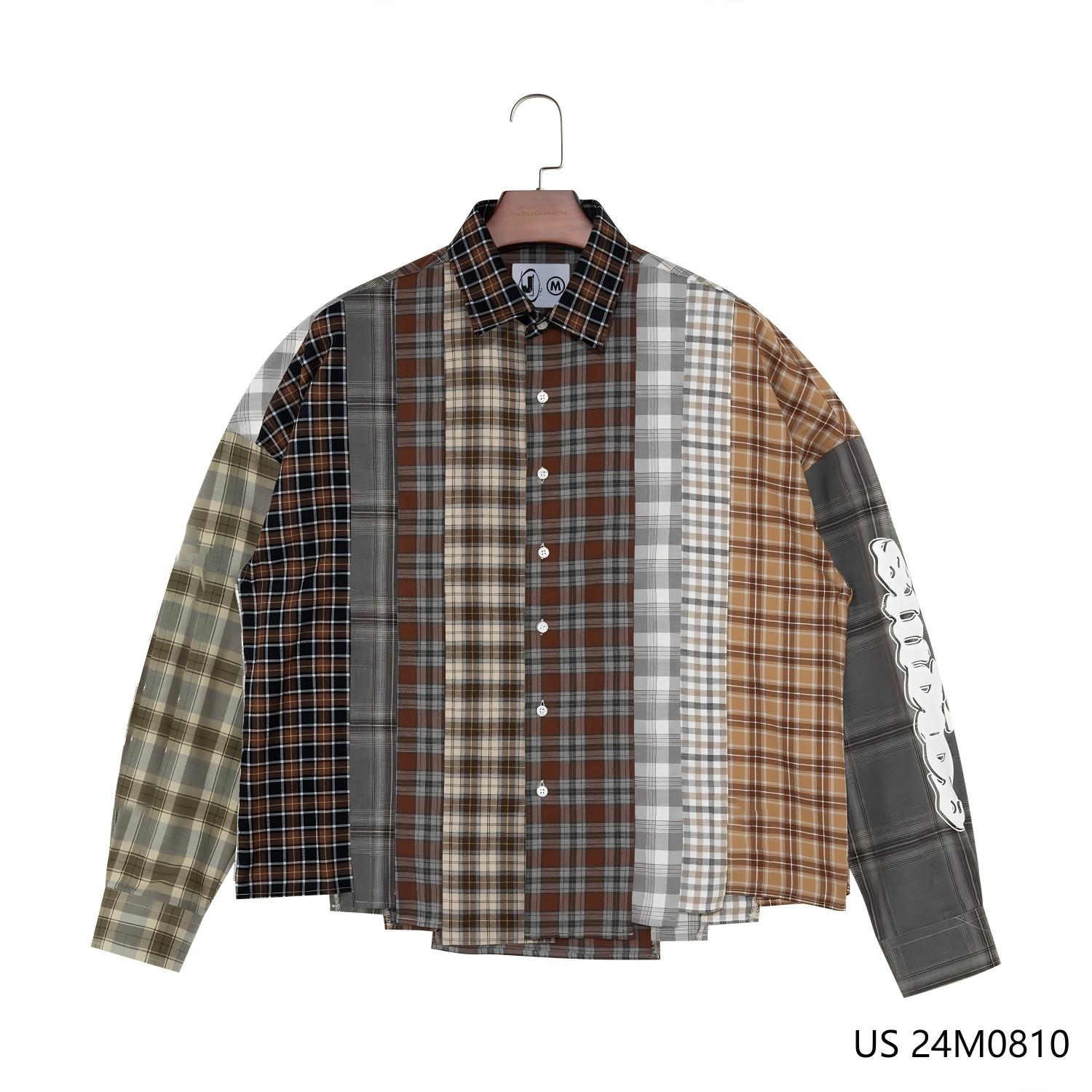 Men's  100% Cotton Patchwork Plaid Irregular Hem Button Down Long Sleeve Shirts