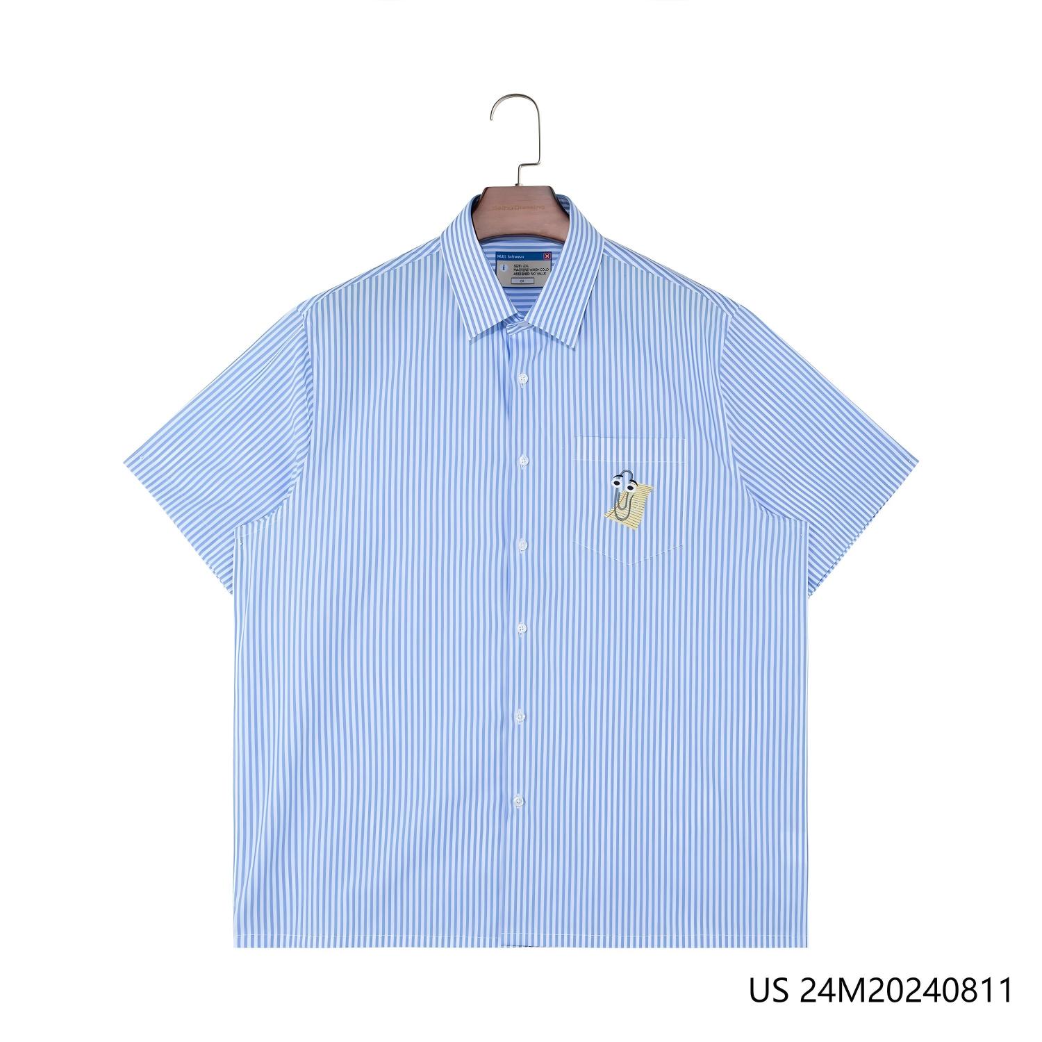 Men's  100% Cotton Blue And White Stripes Short Sleeve Button Down Shirts 