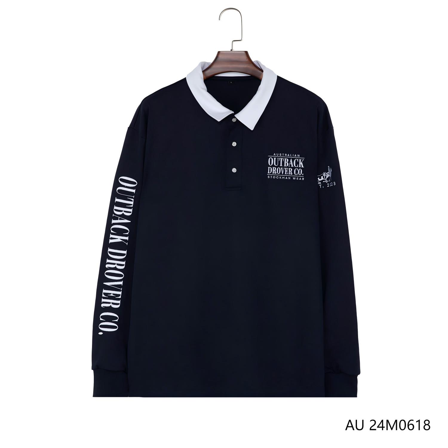 Men's 100% Cotton Black Plain Embroidered Half-cut Placket Polo Long Sleeve Shirts With White Collar 