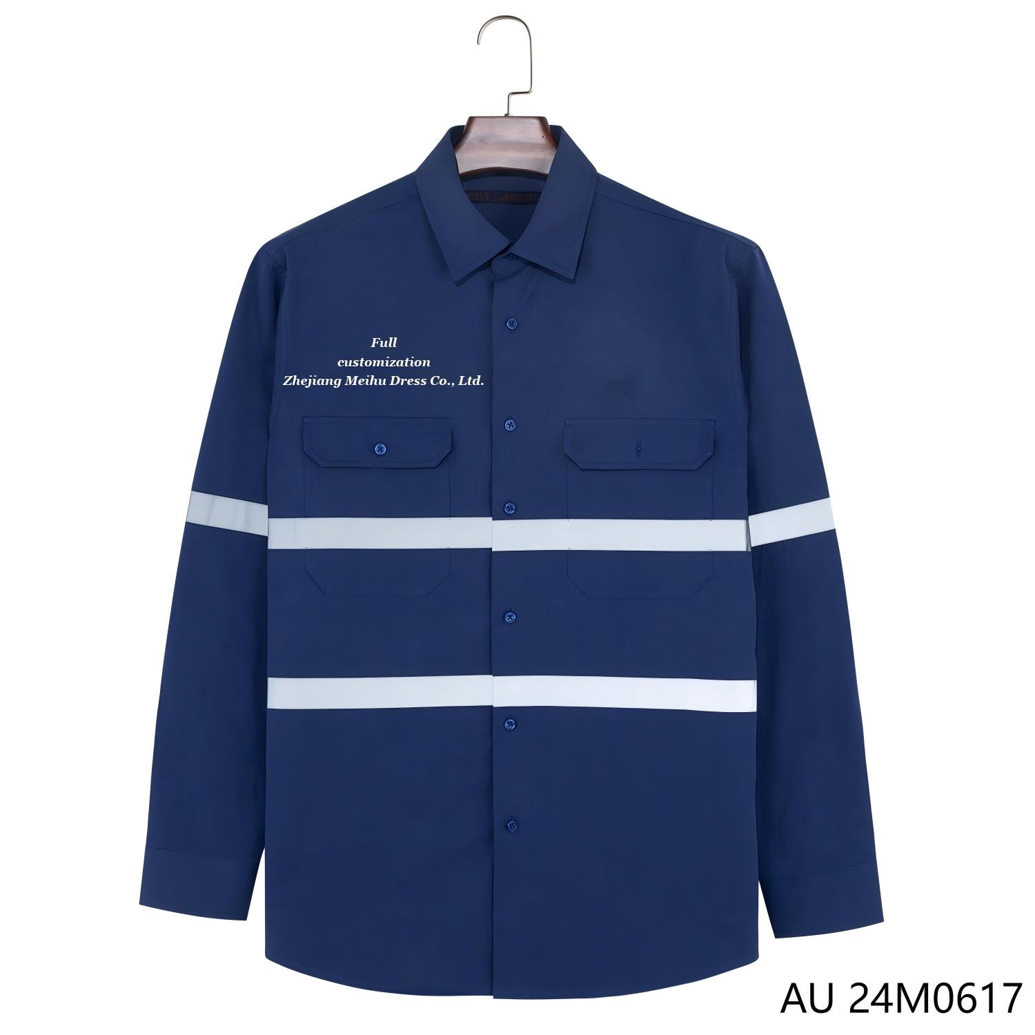 Men's 100% Cotton Blue Printed And Embroidered Button Down Long Sleeve Workwear With Reflective Stripes