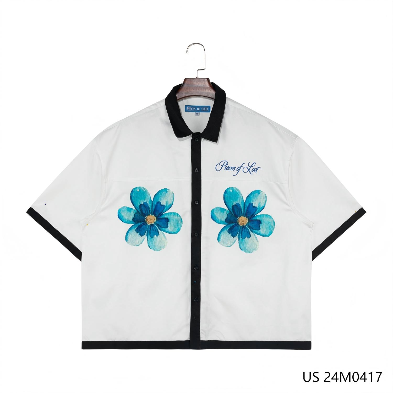 Men's 100% Cotton Black And White Contrast Double-sides  Printed Short Sleeve Button Down Shirts