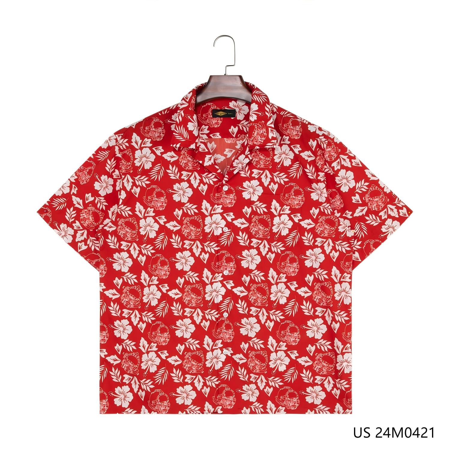 Men's 100% Cotton Red Printed Short Sleeve Button Down Shirts