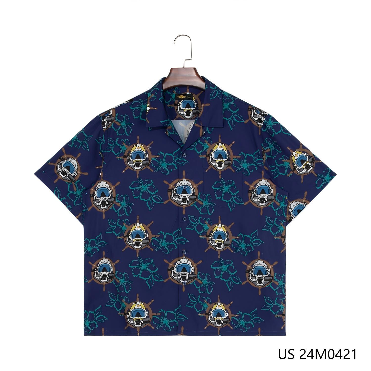 Men's 100% Cotton Dark Blue Printed Short Sleeve Button Down Shirts