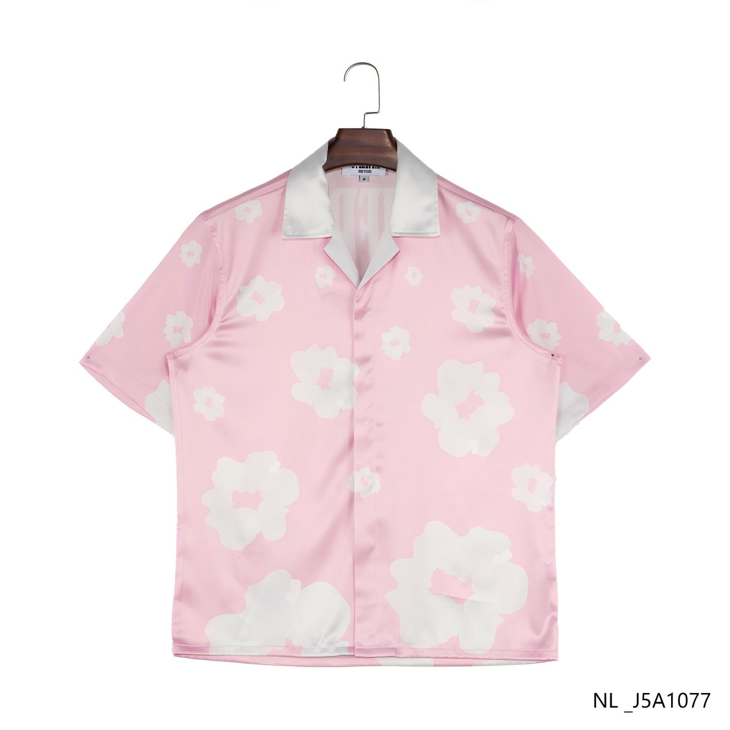 Men's 100% Silk Pink Printed Short Sleeve Button Down Shirts