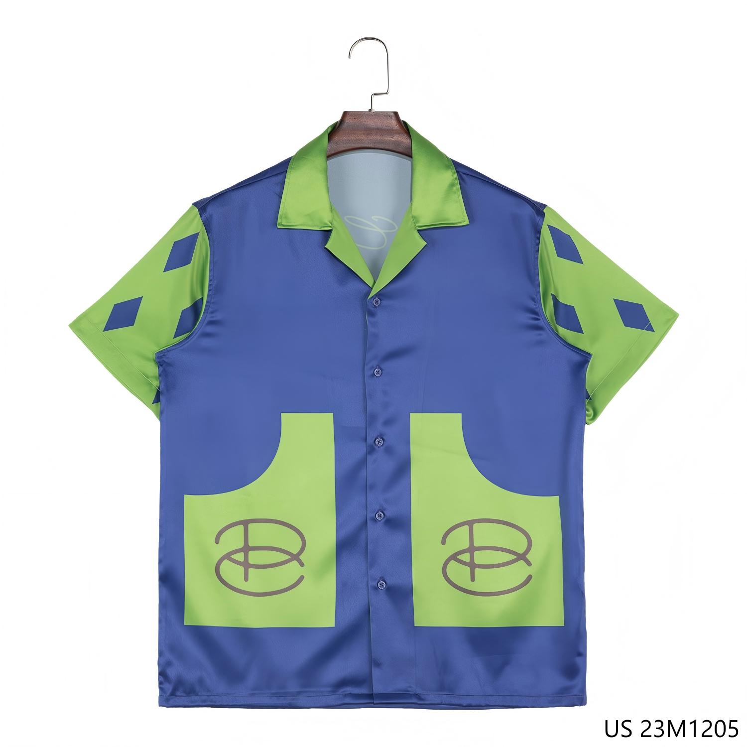 Men's 97% Polyester 3% Spandex Printed Blue And Green Patchwork Short Sleeve Button Down Shirts