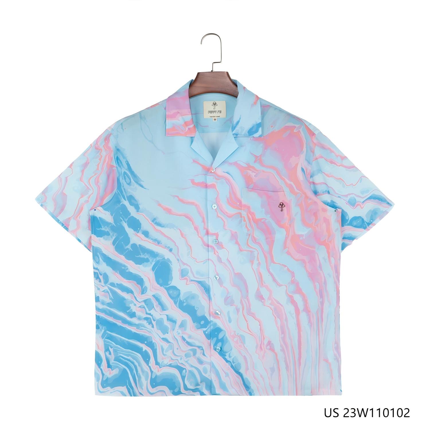 Men's 100% Rayon Wave-like printing Against The Blue Background Short Sleeve Button Down Shirts  With Cuban Collar