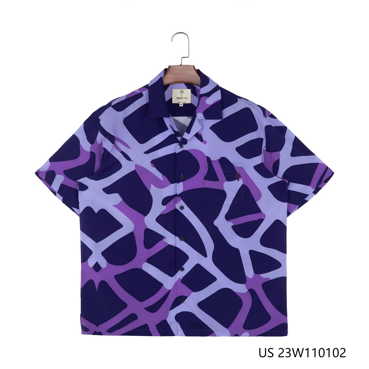 Men's 100% Rayon Irregular Stripes Printing Against The Dark Purple Background Short Sleeve Button Down Shirts  With Cuban Collar