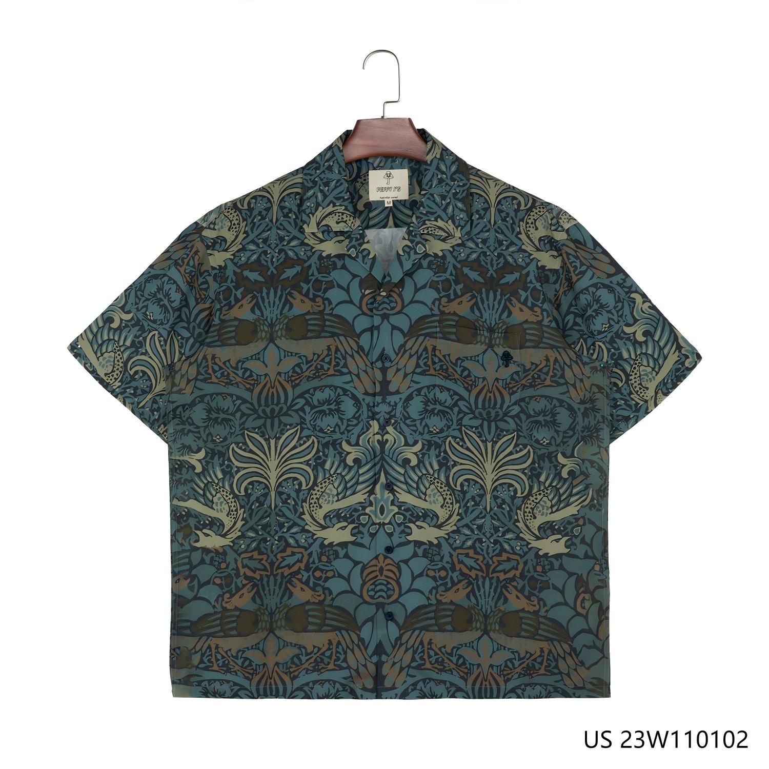 Men's 100% Rayon Printing  Short Sleeve Button Down Shirts  With Cuban Collar
