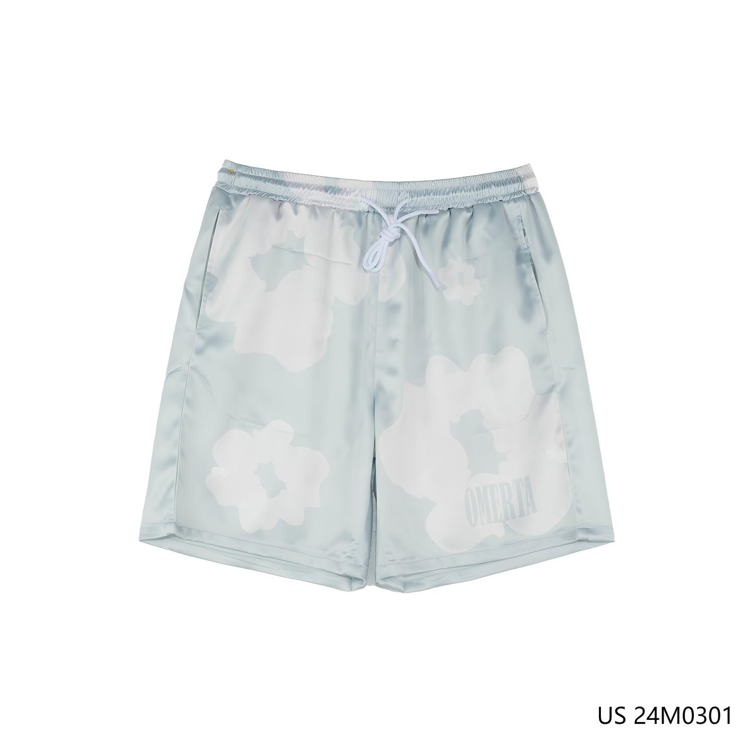 Men's 97% Polyester 3% Spandex White Flower Printed Against The Blue Background Shorts