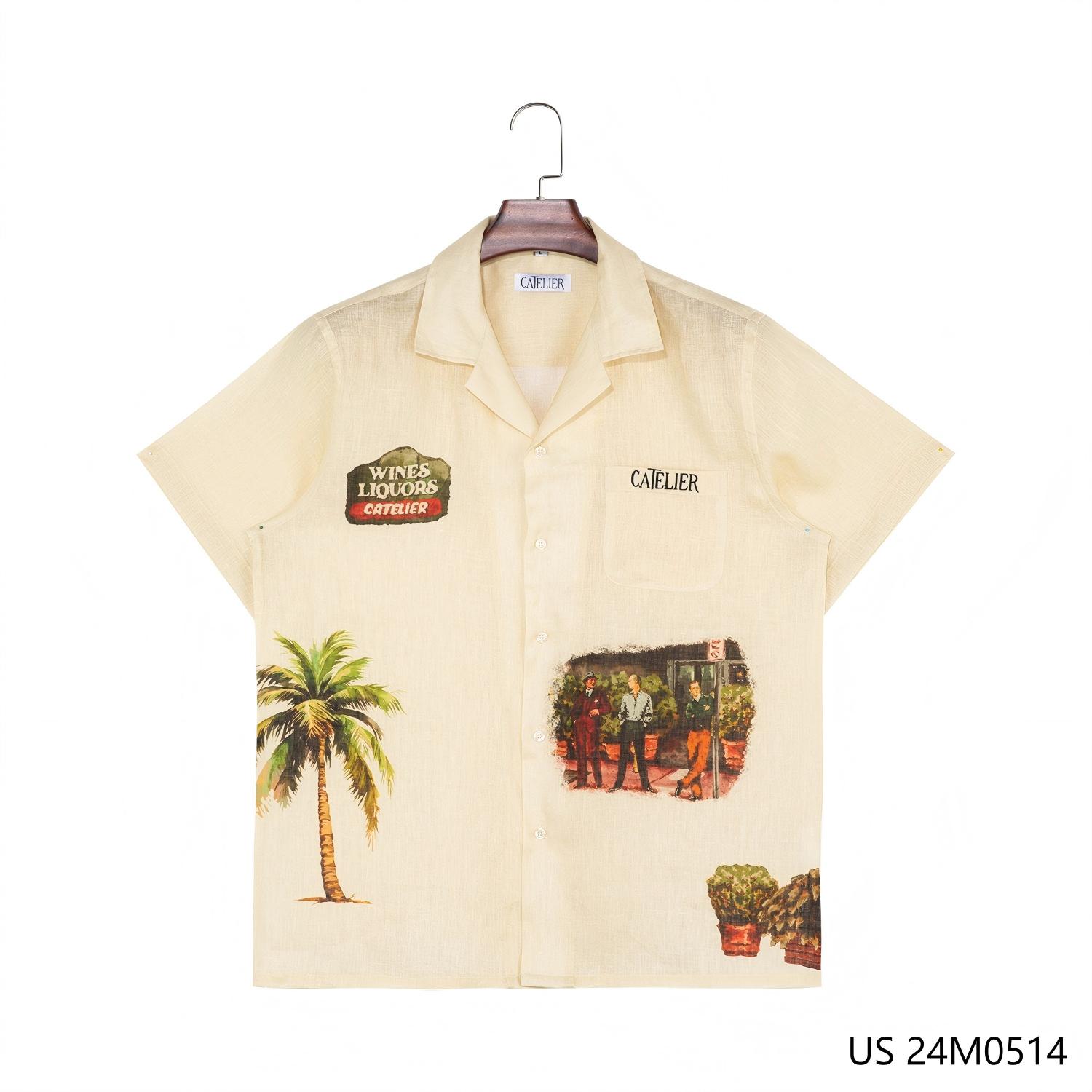 Men's 100% Linen Printing Against The Beige Background Short Sleeve Button Up Shirts With Cuban Collar