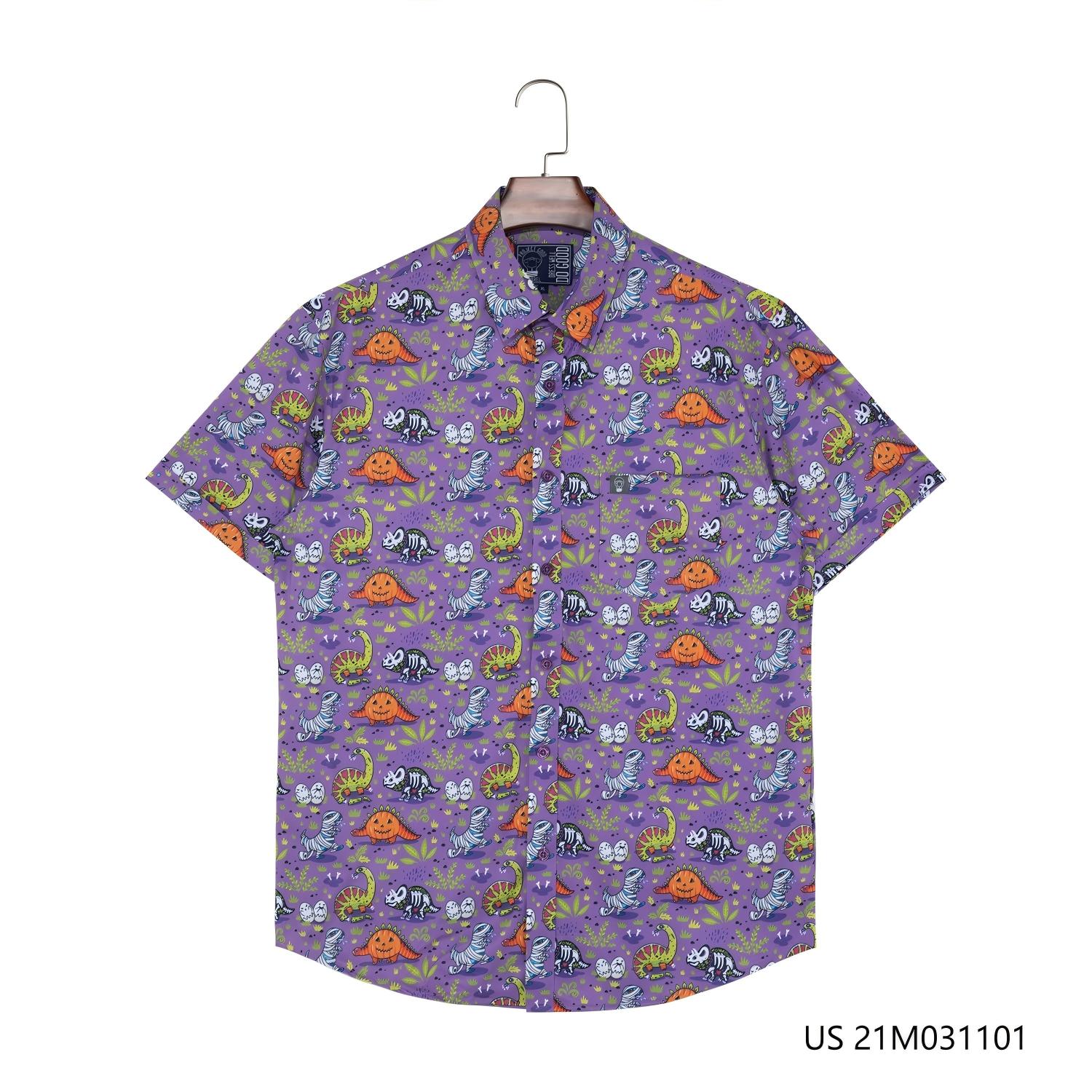 Men's 48% Polyester 37% Recycled 15% Spandex Printing  Short Sleeve Button Down Shirts